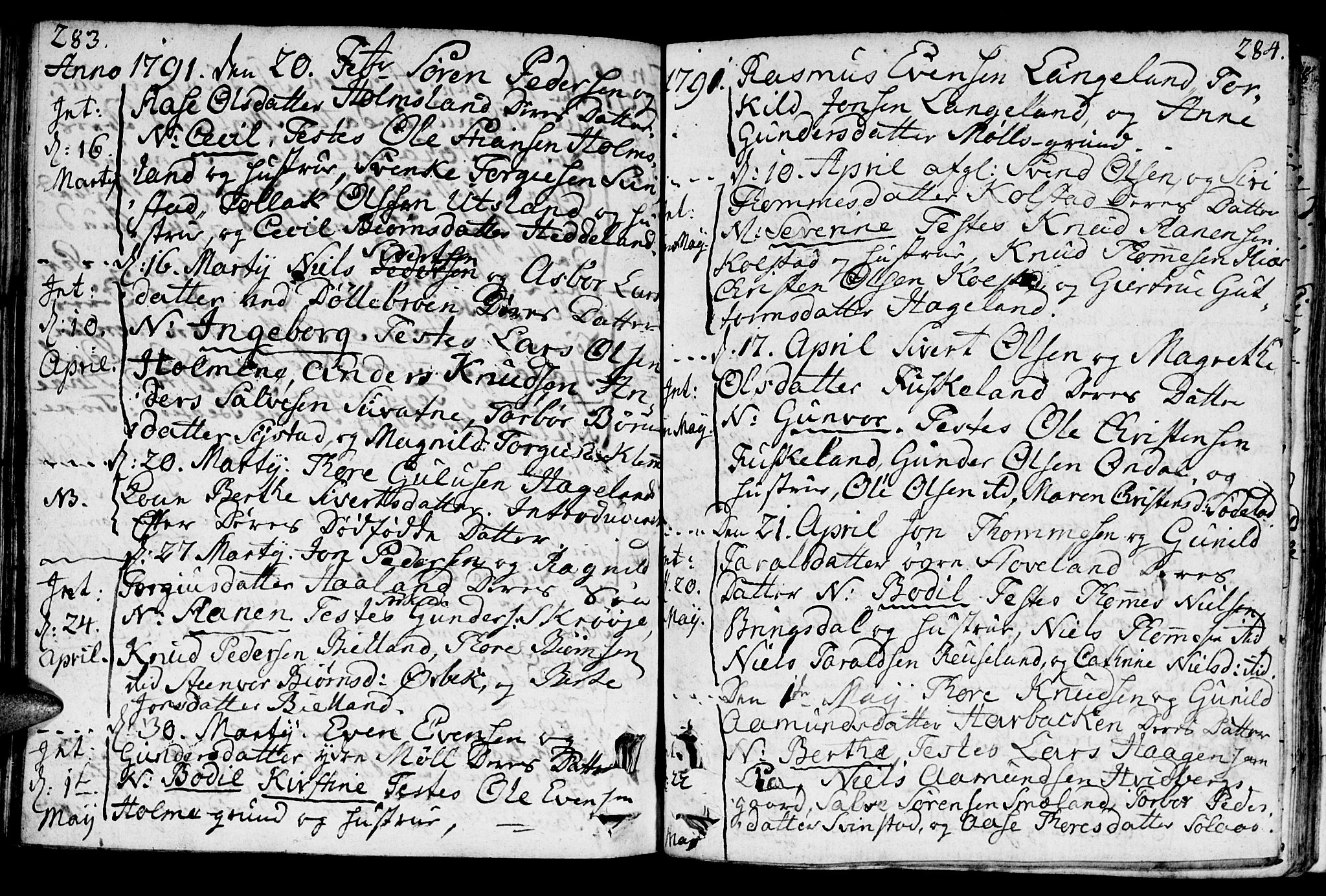 Holum sokneprestkontor, AV/SAK-1111-0022/F/Fa/Faa/L0003: Parish register (official) no. A 3, 1780-1821, p. 283-284