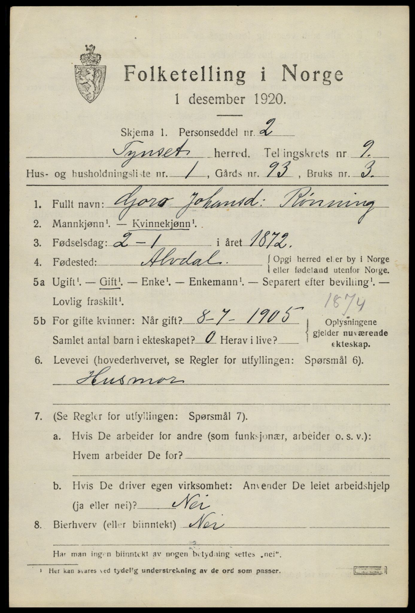 SAH, 1920 census for Tynset, 1920, p. 7142