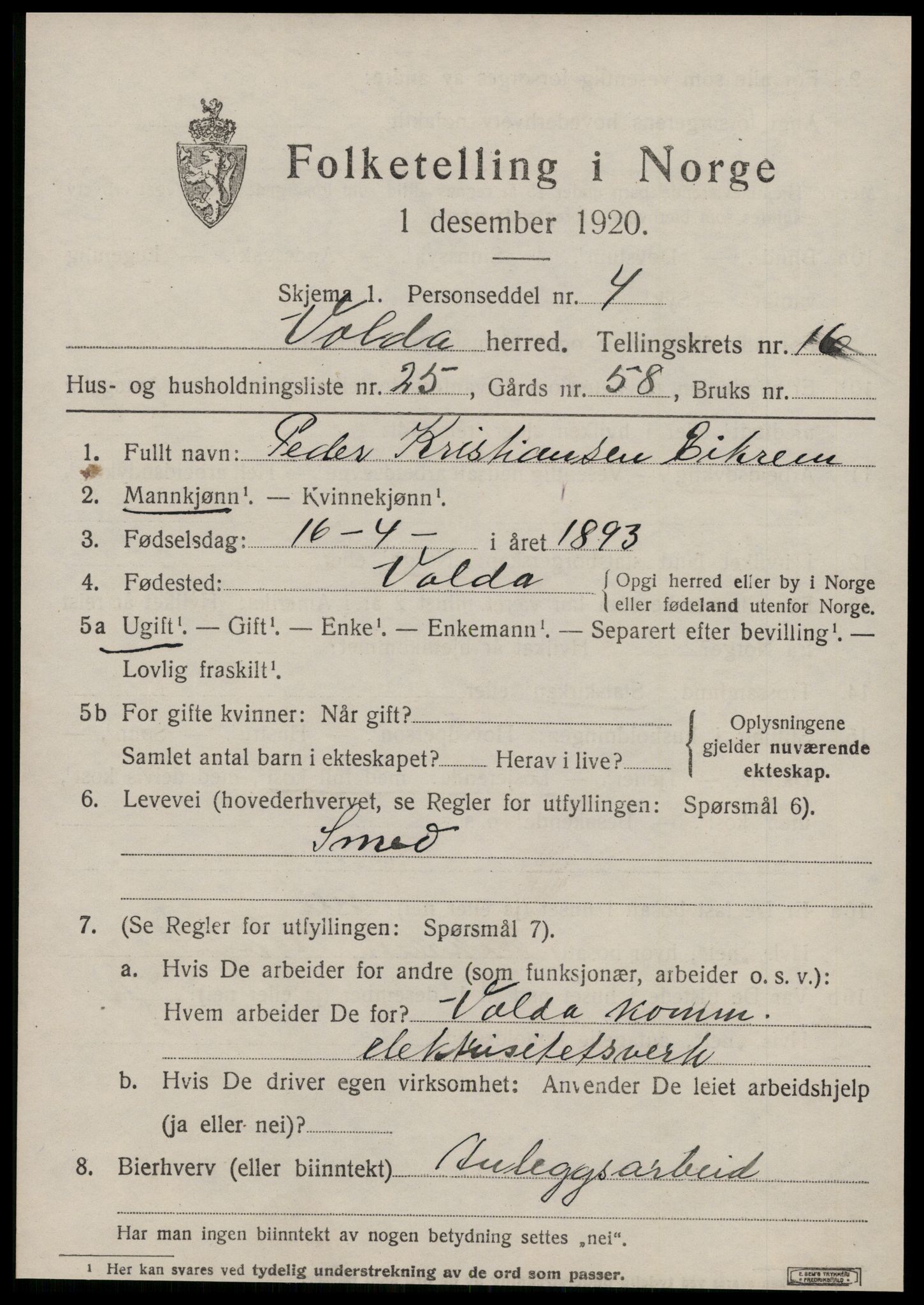 SAT, 1920 census for Volda, 1920, p. 9554