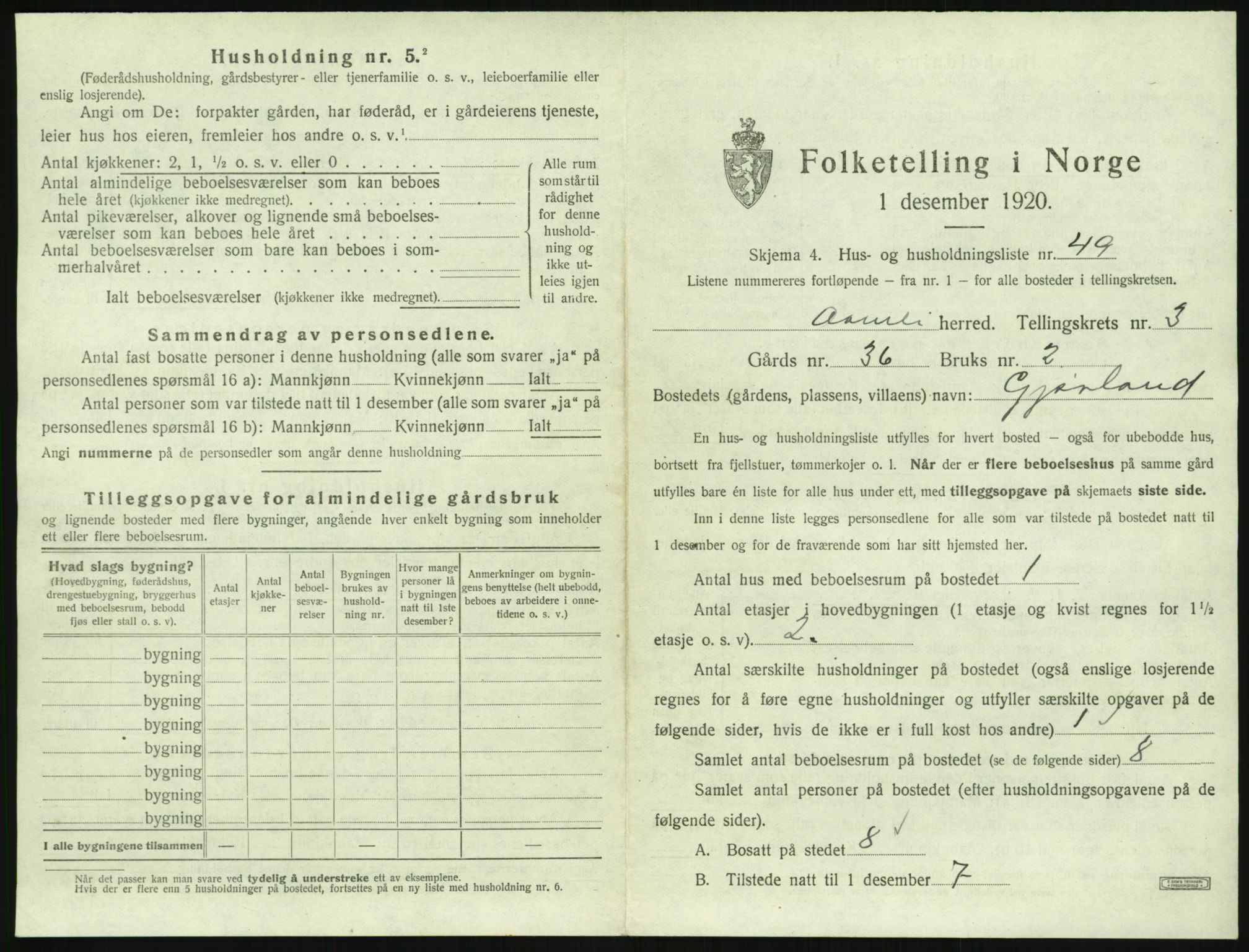 SAK, 1920 census for Åmli, 1920, p. 235