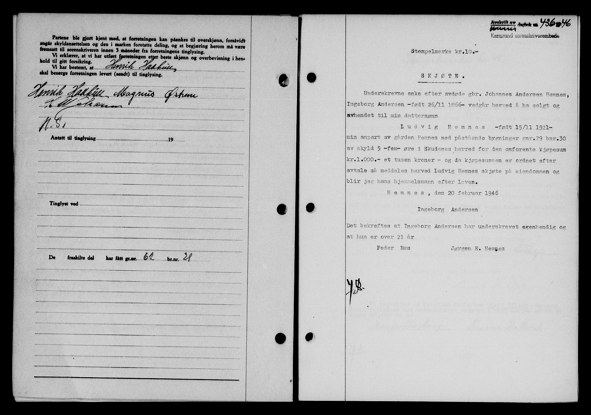 Karmsund sorenskriveri, AV/SAST-A-100311/01/II/IIB/L0085: Mortgage book no. 66A, 1946-1946, Diary no: : 436/1946