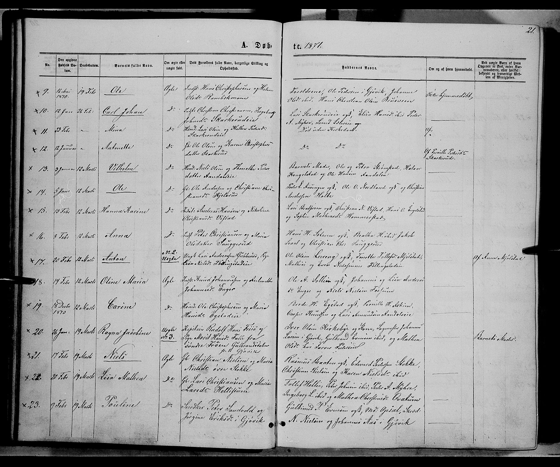 Vardal prestekontor, SAH/PREST-100/H/Ha/Hab/L0006: Parish register (copy) no. 6, 1869-1881, p. 21