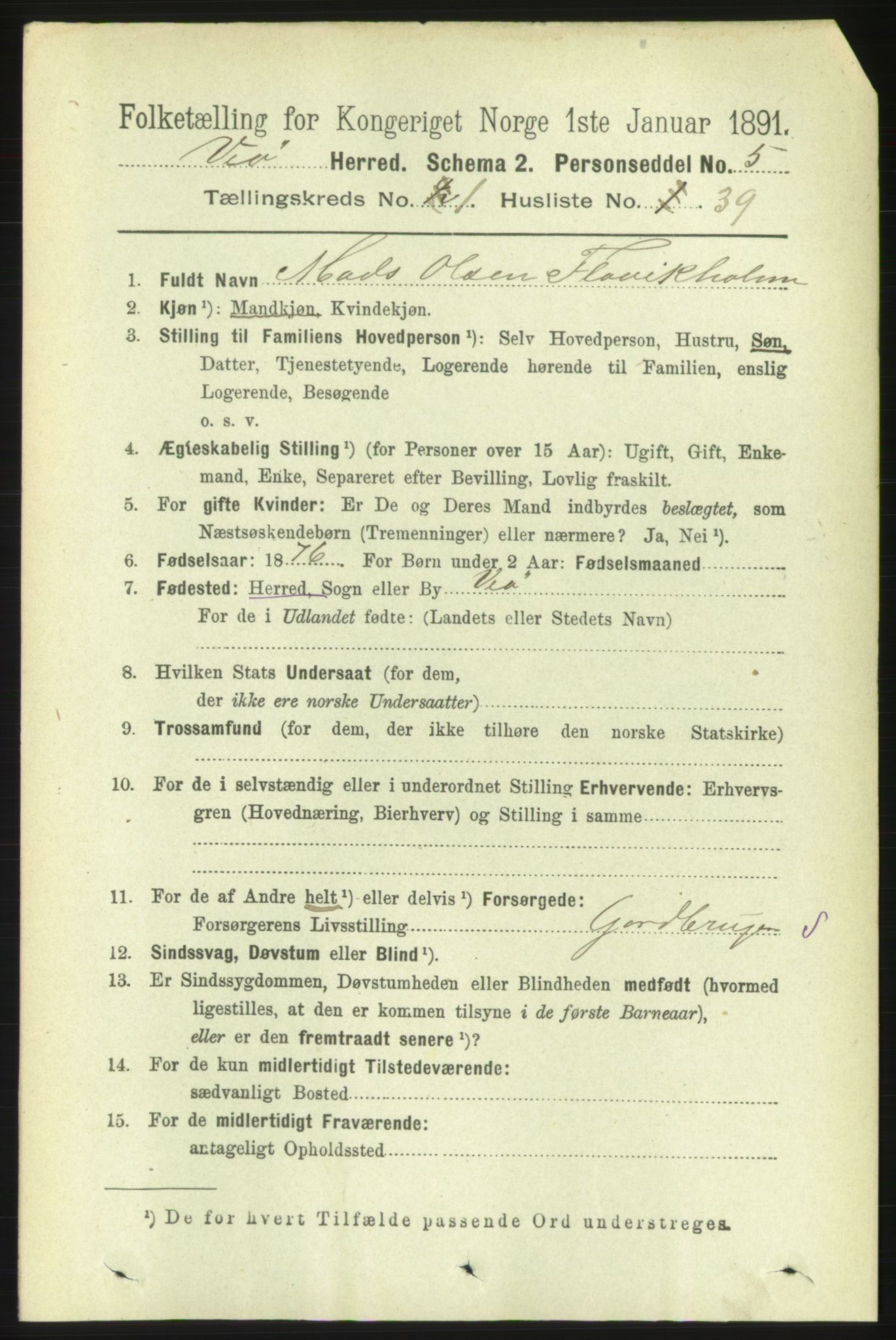 RA, 1891 census for 1541 Veøy, 1891, p. 329