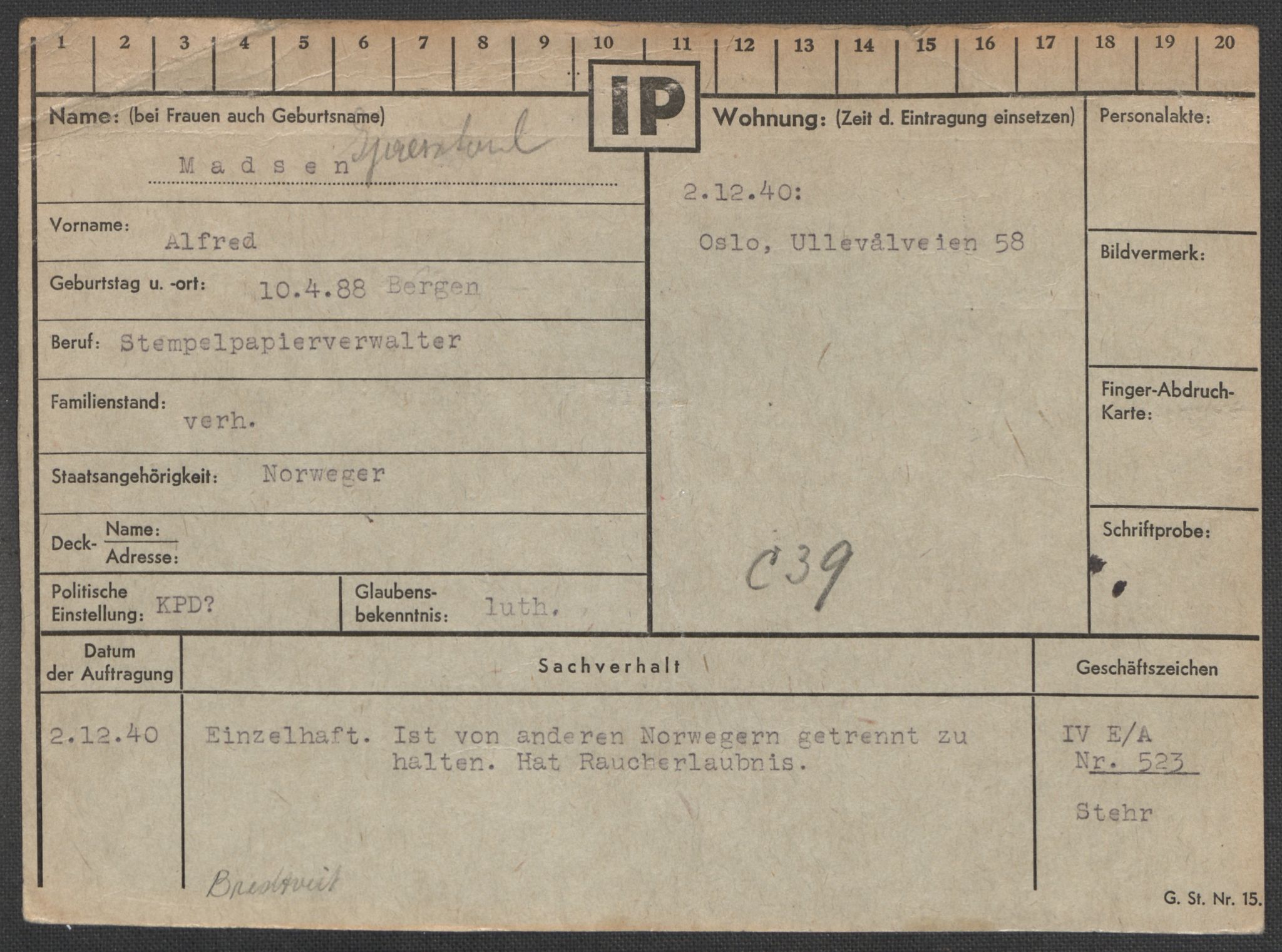 Befehlshaber der Sicherheitspolizei und des SD, AV/RA-RAFA-5969/E/Ea/Eaa/L0007: Register over norske fanger i Møllergata 19: Lundb-N, 1940-1945, p. 204