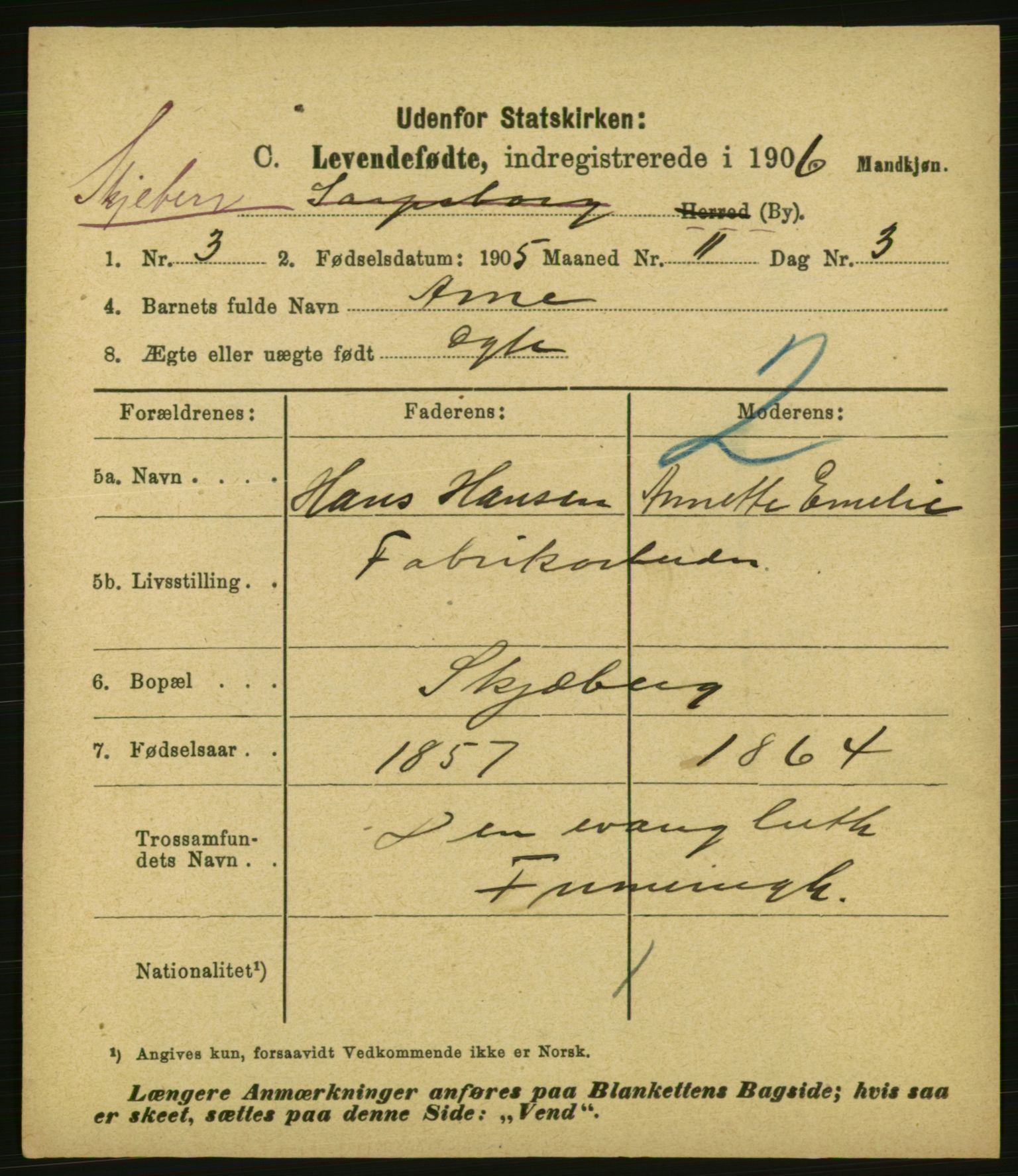 Statistisk sentralbyrå, Sosiodemografiske emner, Befolkning, AV/RA-S-2228/E/L0004: Fødte, gifte, døde dissentere., 1906, p. 7