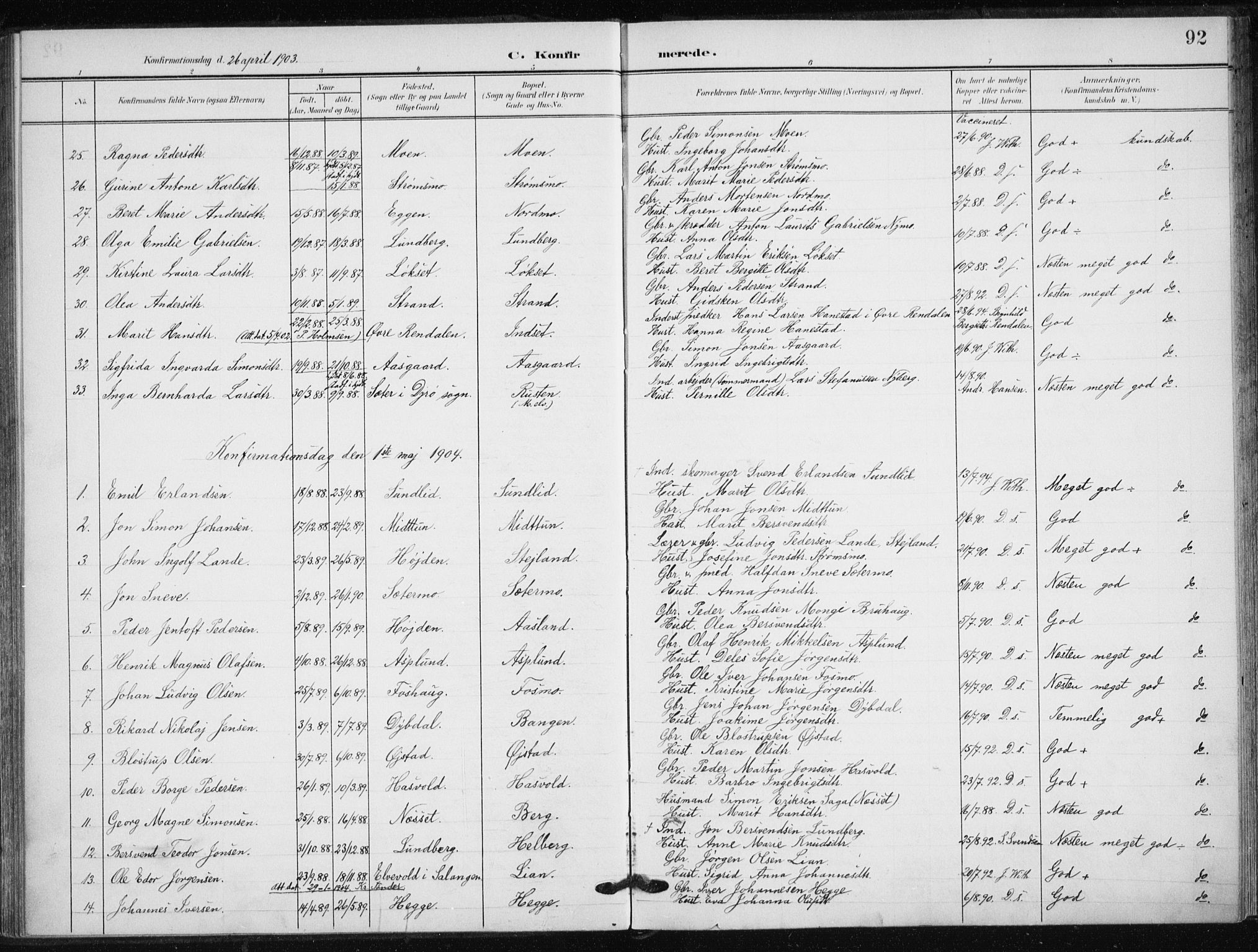 Målselv sokneprestembete, SATØ/S-1311/G/Ga/Gaa/L0013kirke: Parish register (official) no. 13, 1903-1919, p. 92