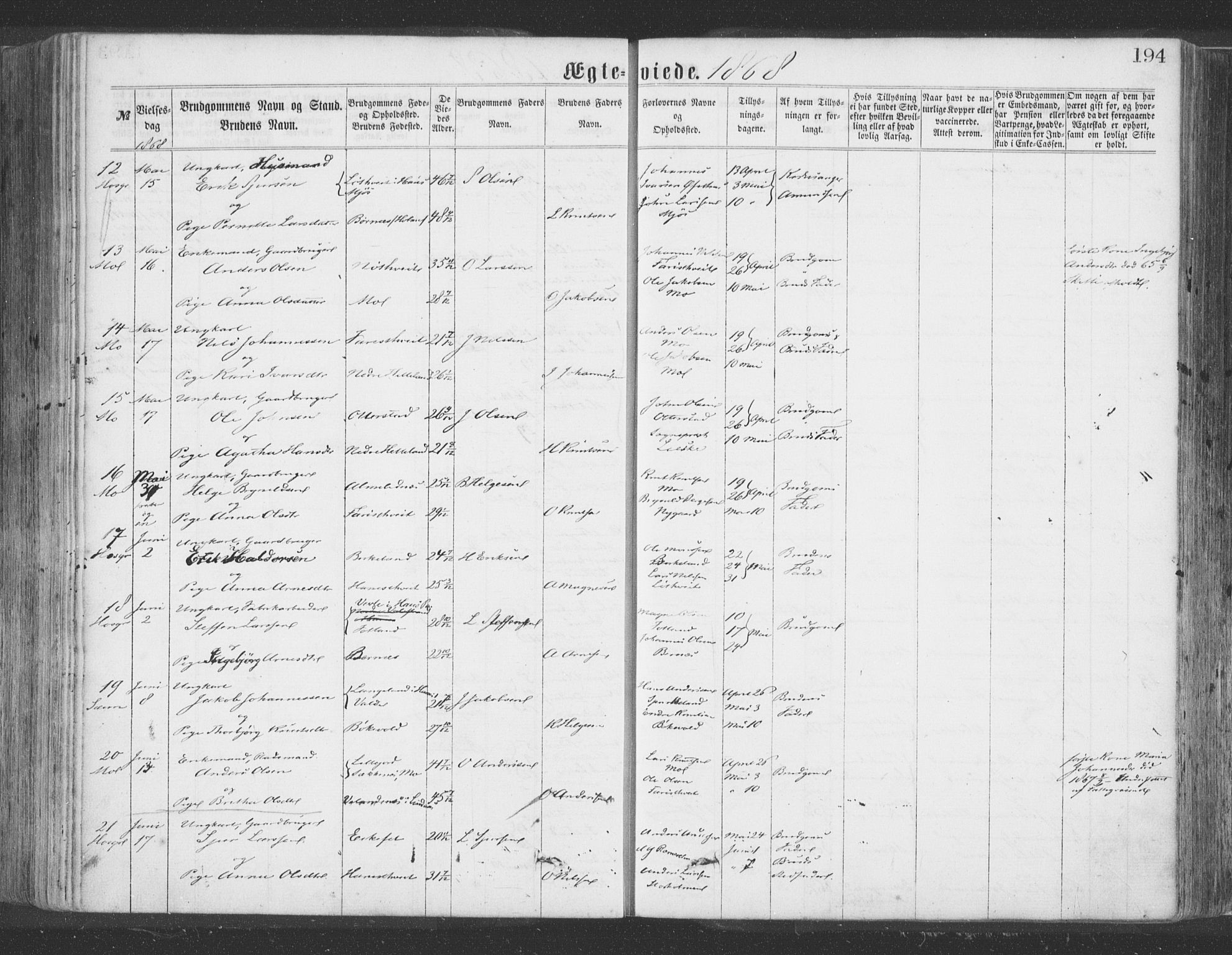 Hosanger sokneprestembete, AV/SAB-A-75801/H/Haa: Parish register (official) no. A 9, 1864-1876, p. 194