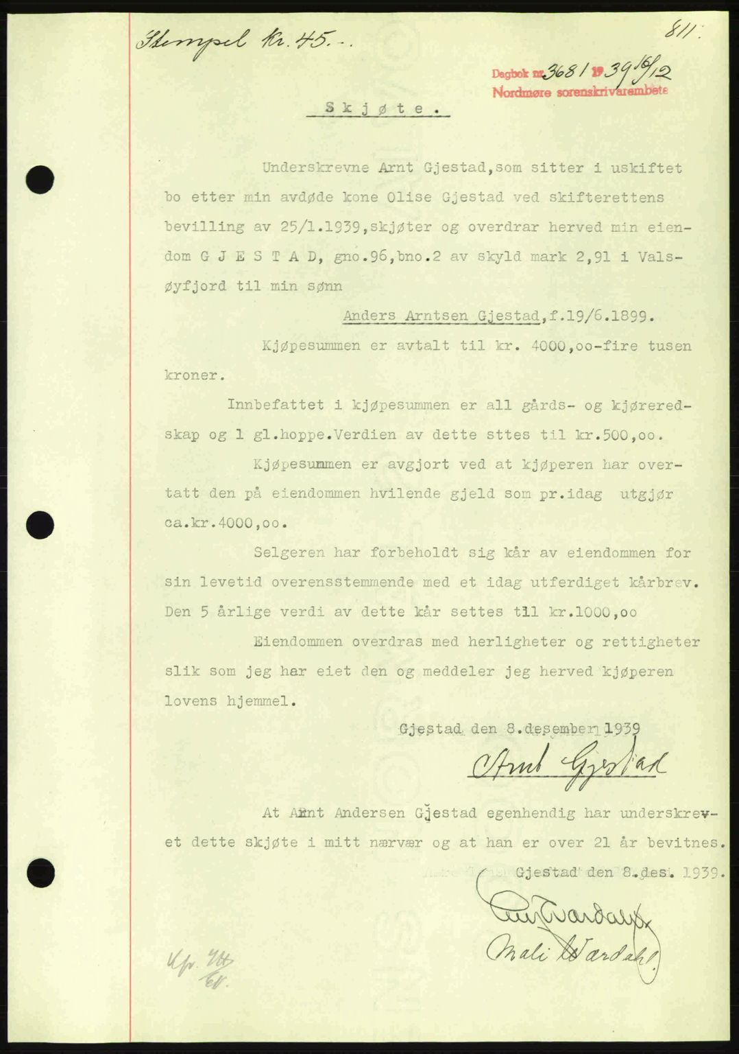 Nordmøre sorenskriveri, AV/SAT-A-4132/1/2/2Ca: Mortgage book no. A87, 1939-1940, Diary no: : 3681/1939