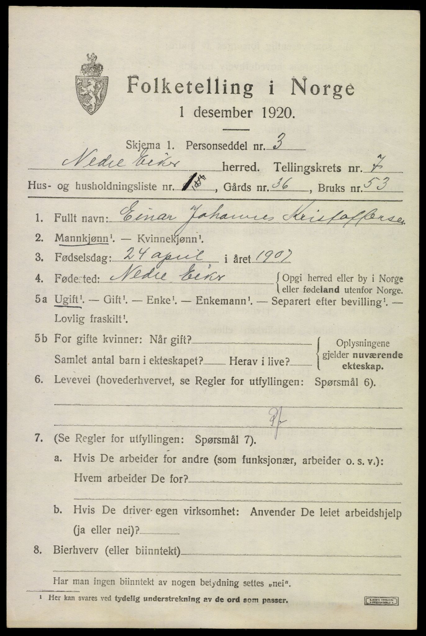 SAKO, 1920 census for Nedre Eiker, 1920, p. 7407