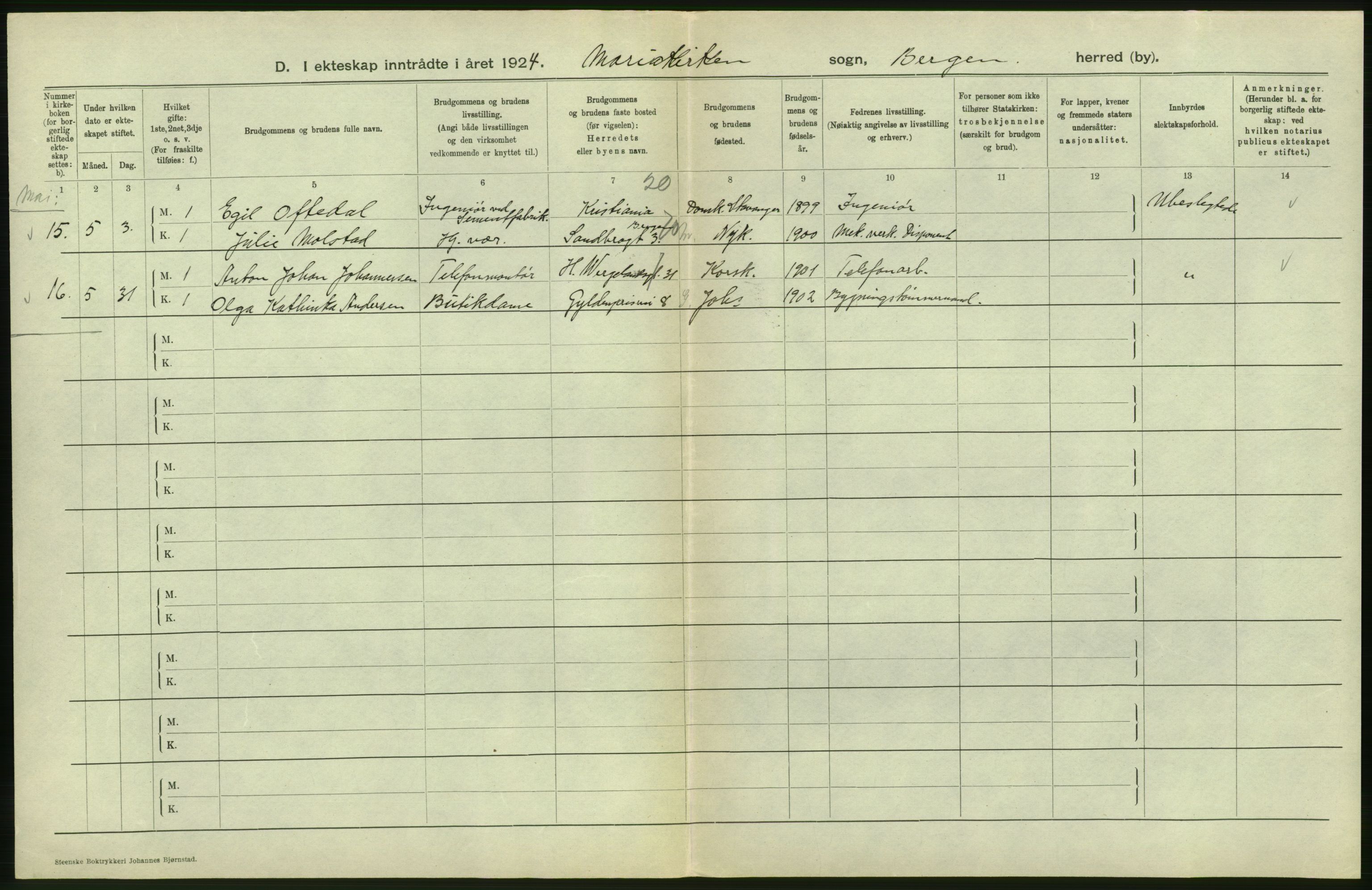 Statistisk sentralbyrå, Sosiodemografiske emner, Befolkning, RA/S-2228/D/Df/Dfc/Dfcd/L0028: Bergen: Gifte, døde., 1924, p. 178