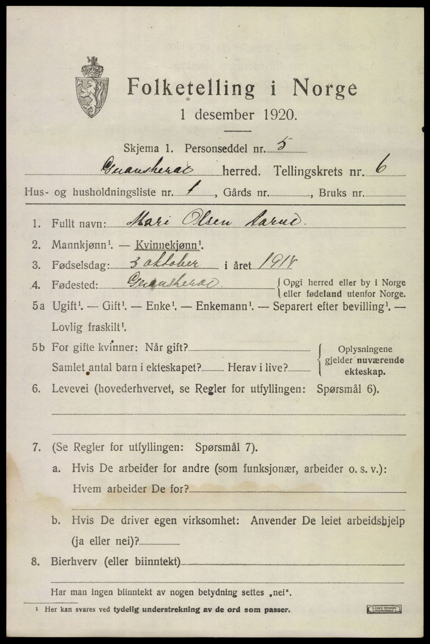 SAKO, 1920 census for Gransherad, 1920, p. 2318