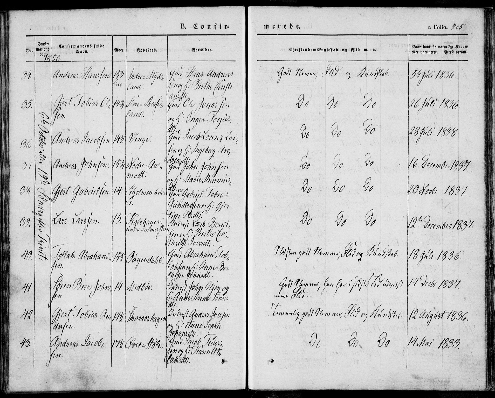 Sokndal sokneprestkontor, AV/SAST-A-101808: Parish register (official) no. A 8.1, 1842-1857, p. 205