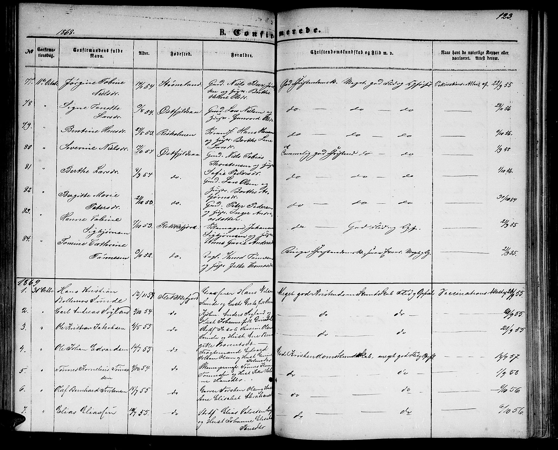 Flekkefjord sokneprestkontor, SAK/1111-0012/F/Fb/Fbc/L0006: Parish register (copy) no. B 6, 1866-1879, p. 123