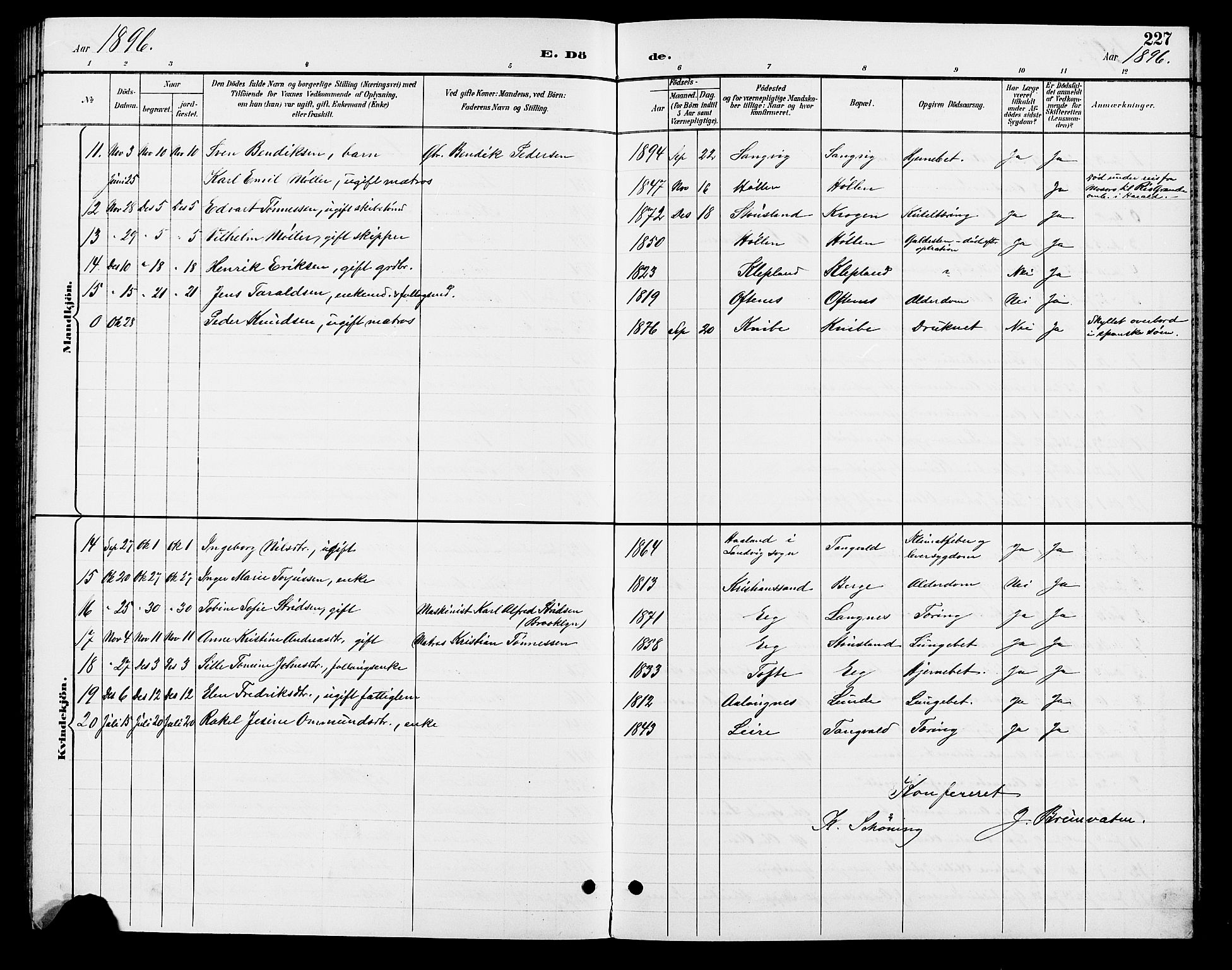 Søgne sokneprestkontor, AV/SAK-1111-0037/F/Fb/Fbb/L0006: Parish register (copy) no. B 6, 1892-1911, p. 227