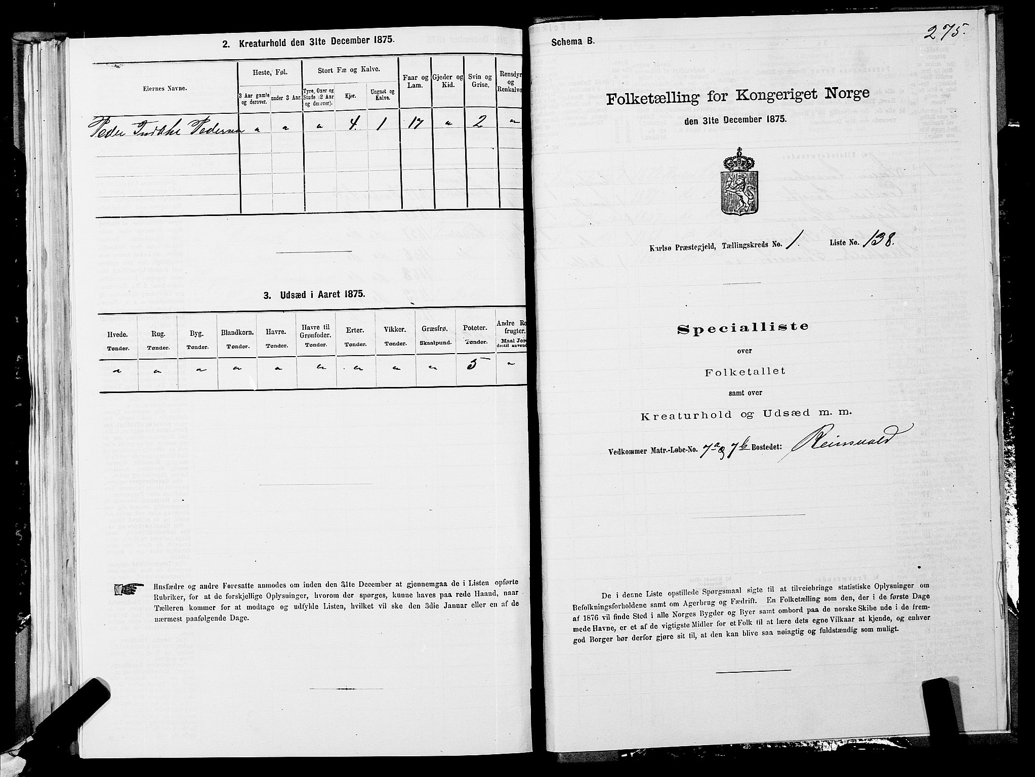 SATØ, 1875 census for 1936P Karlsøy, 1875, p. 1275