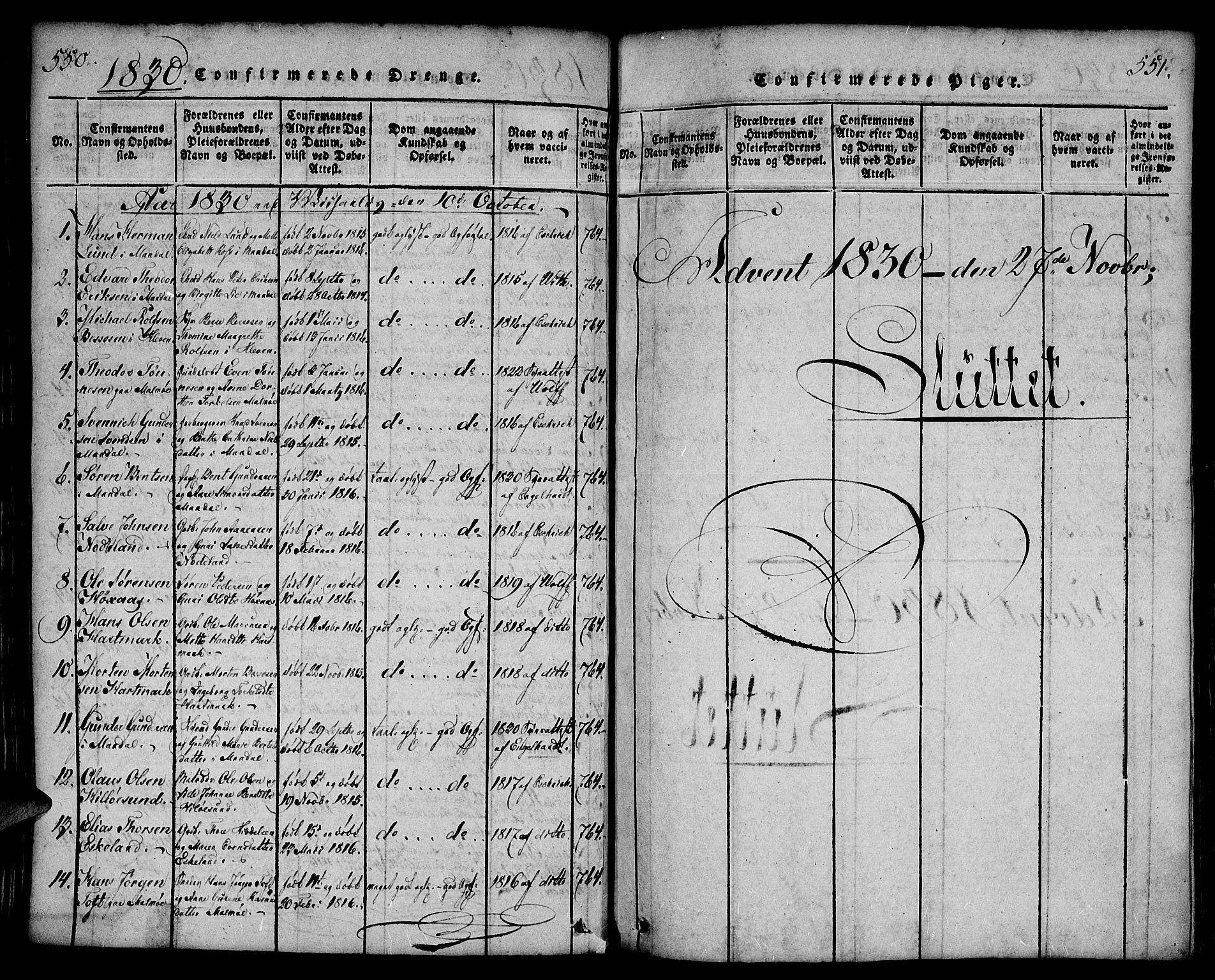 Mandal sokneprestkontor, AV/SAK-1111-0030/F/Fa/Faa/L0010: Parish register (official) no. A 10, 1817-1830, p. 550-551