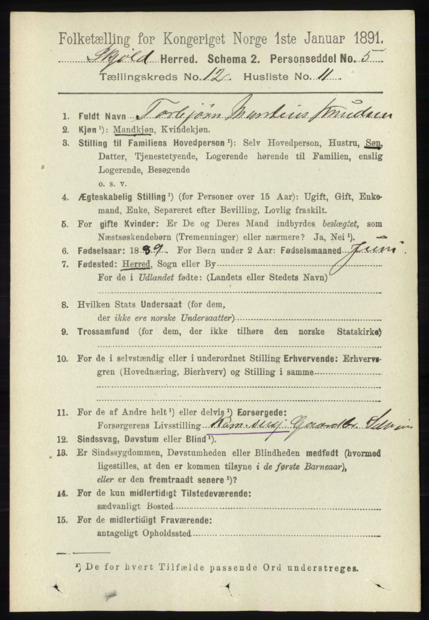 RA, 1891 census for 1154 Skjold, 1891, p. 2309