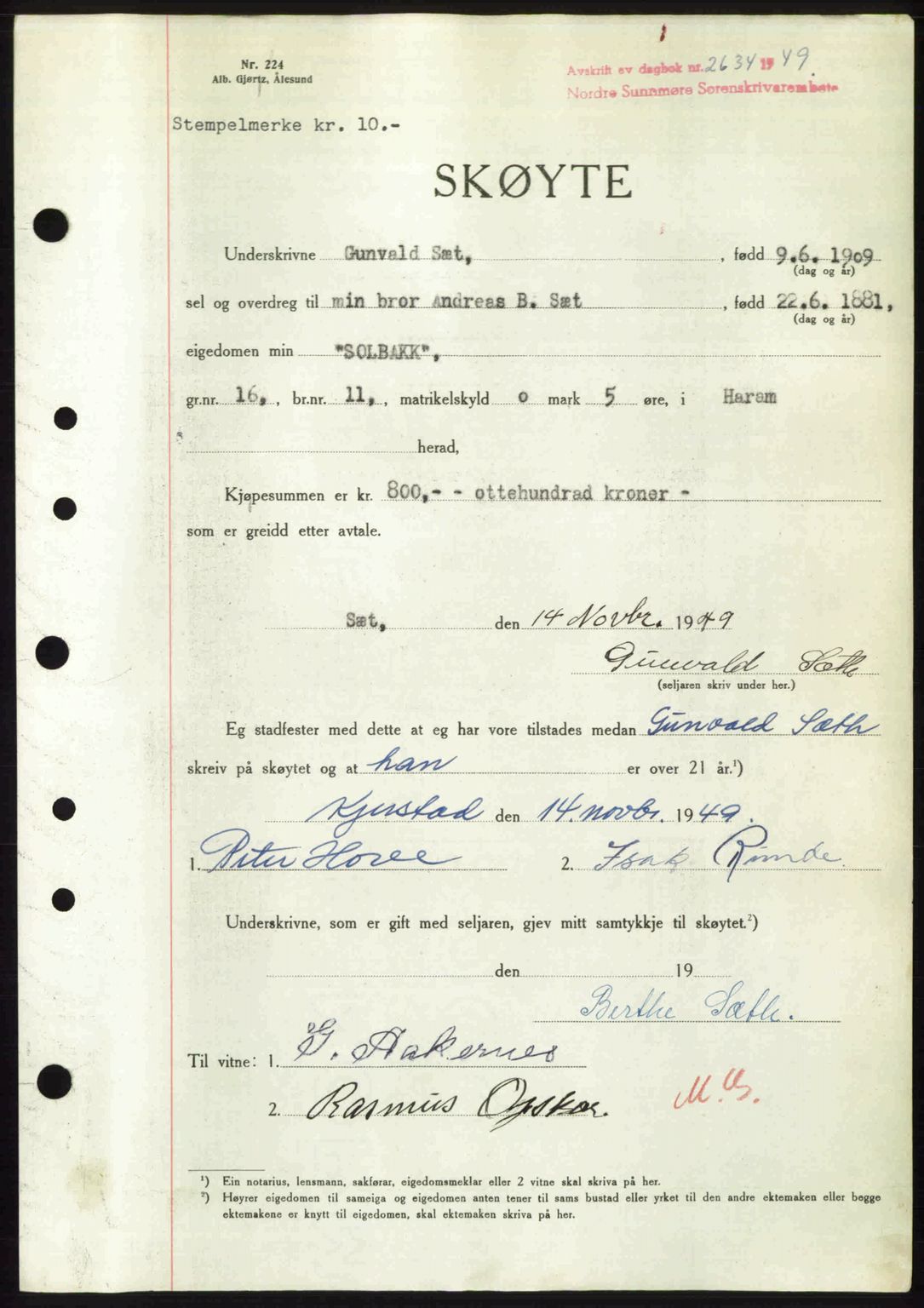 Nordre Sunnmøre sorenskriveri, AV/SAT-A-0006/1/2/2C/2Ca: Mortgage book no. A32, 1949-1949, Diary no: : 2634/1949