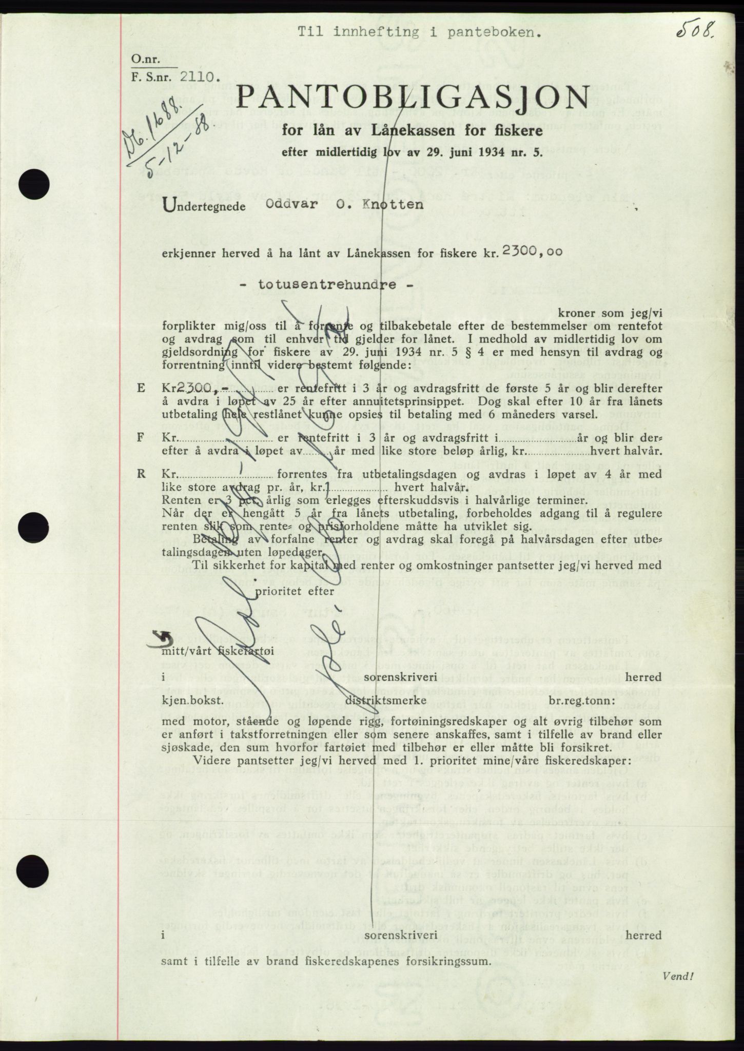 Søre Sunnmøre sorenskriveri, AV/SAT-A-4122/1/2/2C/L0066: Mortgage book no. 60, 1938-1938, Diary no: : 1688/1938