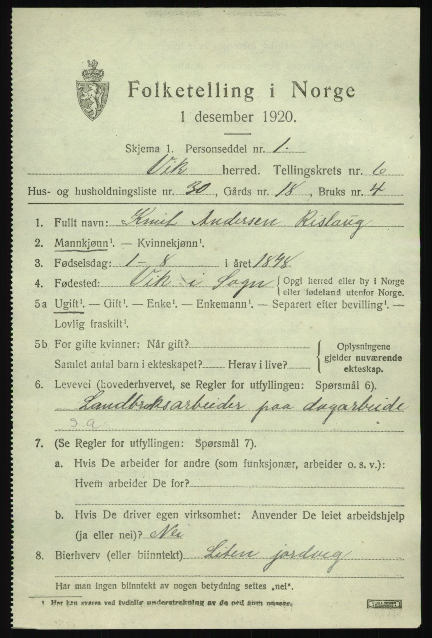 SAB, 1920 census for Vik, 1920, p. 4789