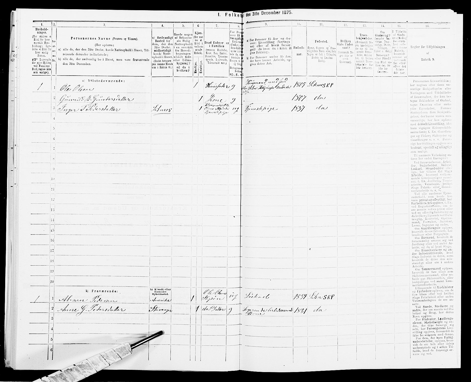 SAK, 1875 census for 1037P Kvinesdal, 1875, p. 1221