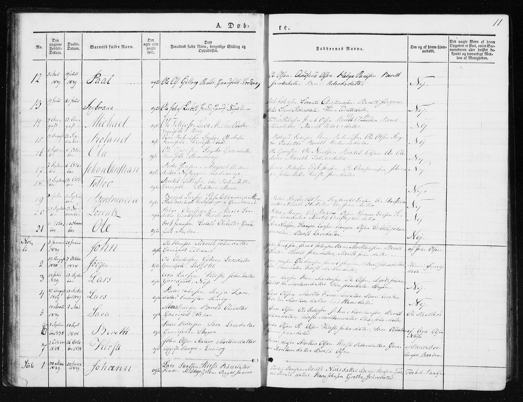 Ministerialprotokoller, klokkerbøker og fødselsregistre - Nord-Trøndelag, SAT/A-1458/749/L0470: Parish register (official) no. 749A04, 1834-1853, p. 11