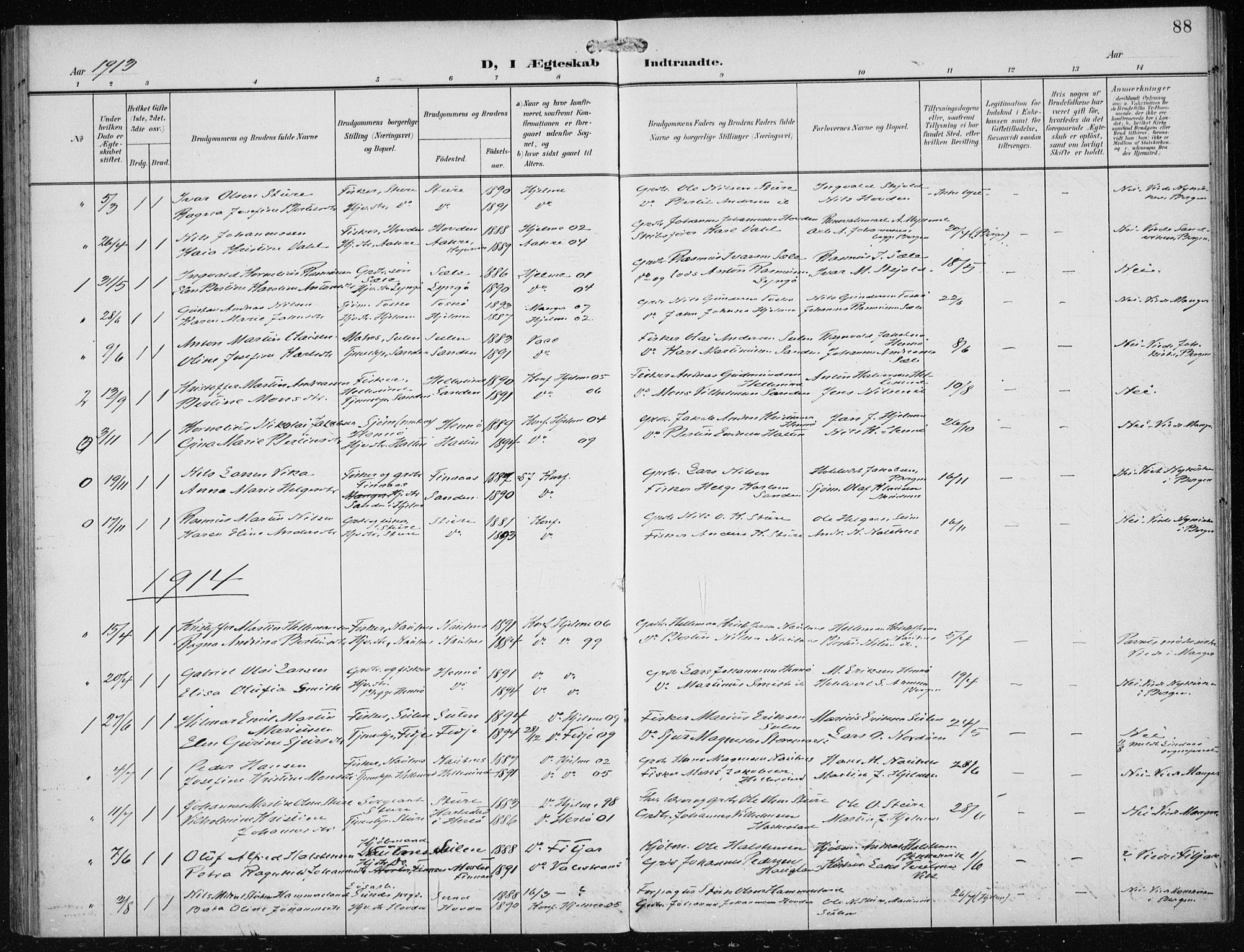 Herdla Sokneprestembete, AV/SAB-A-75701/H/Haa: Parish register (official) no. B 1, 1902-1921, p. 88