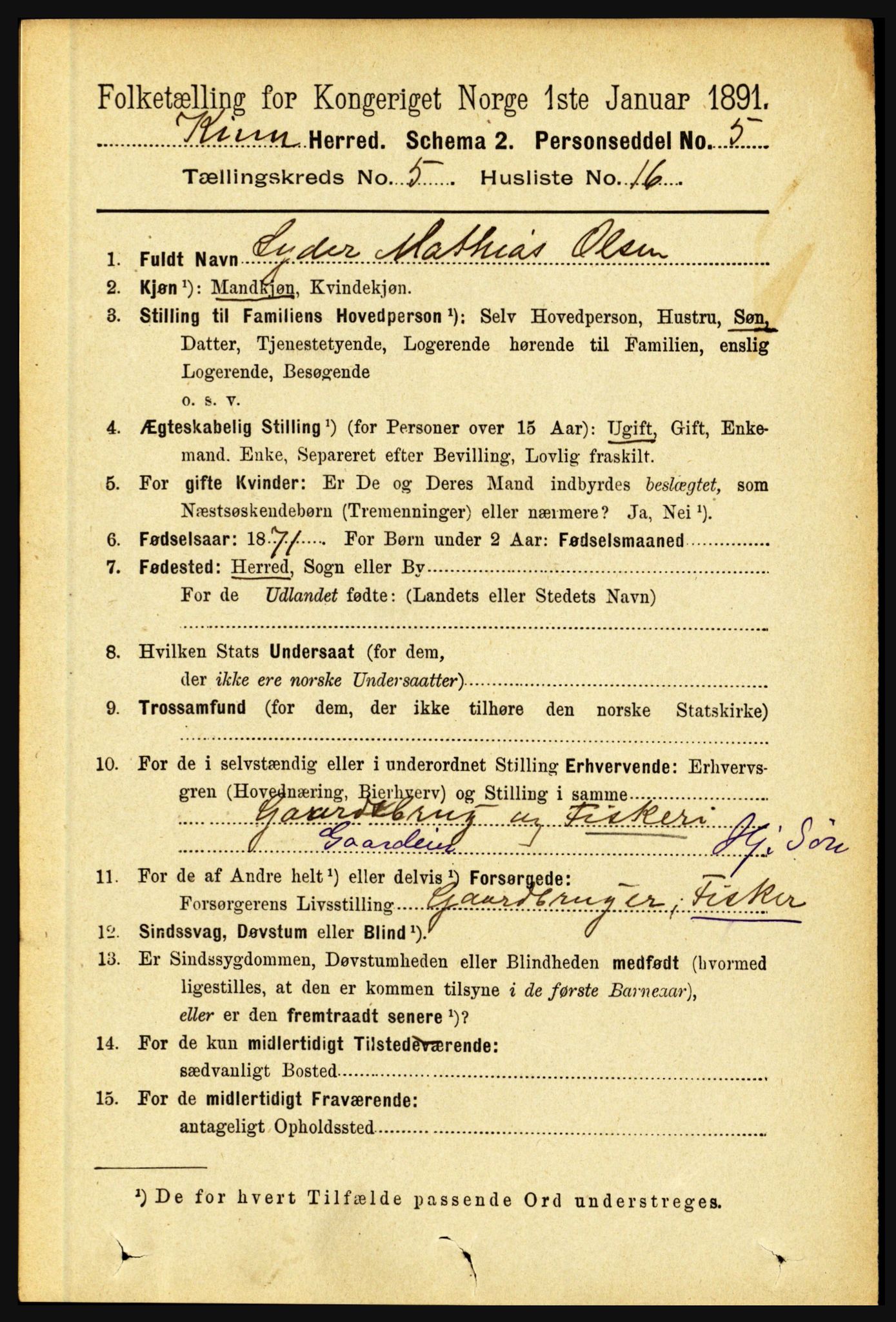 RA, 1891 census for 1437 Kinn, 1891, p. 1915