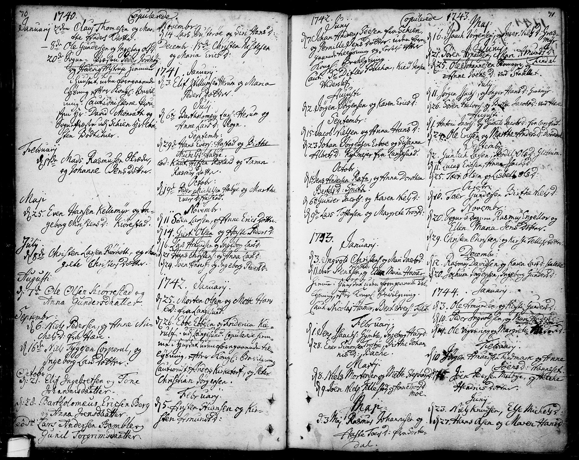 Bamble kirkebøker, SAKO/A-253/F/Fa/L0001: Parish register (official) no. I 1, 1702-1774, p. 70-71