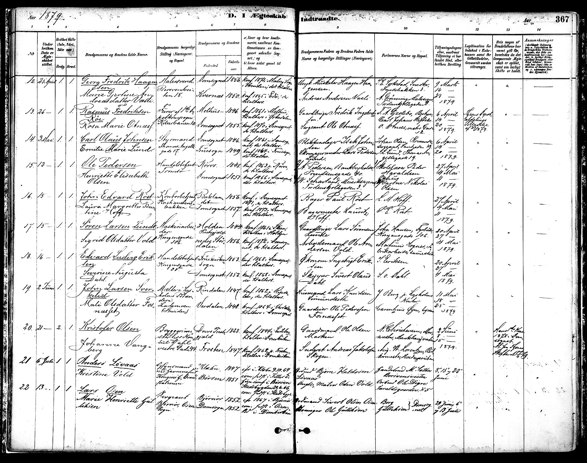 Ministerialprotokoller, klokkerbøker og fødselsregistre - Sør-Trøndelag, SAT/A-1456/601/L0058: Parish register (official) no. 601A26, 1877-1891, p. 367