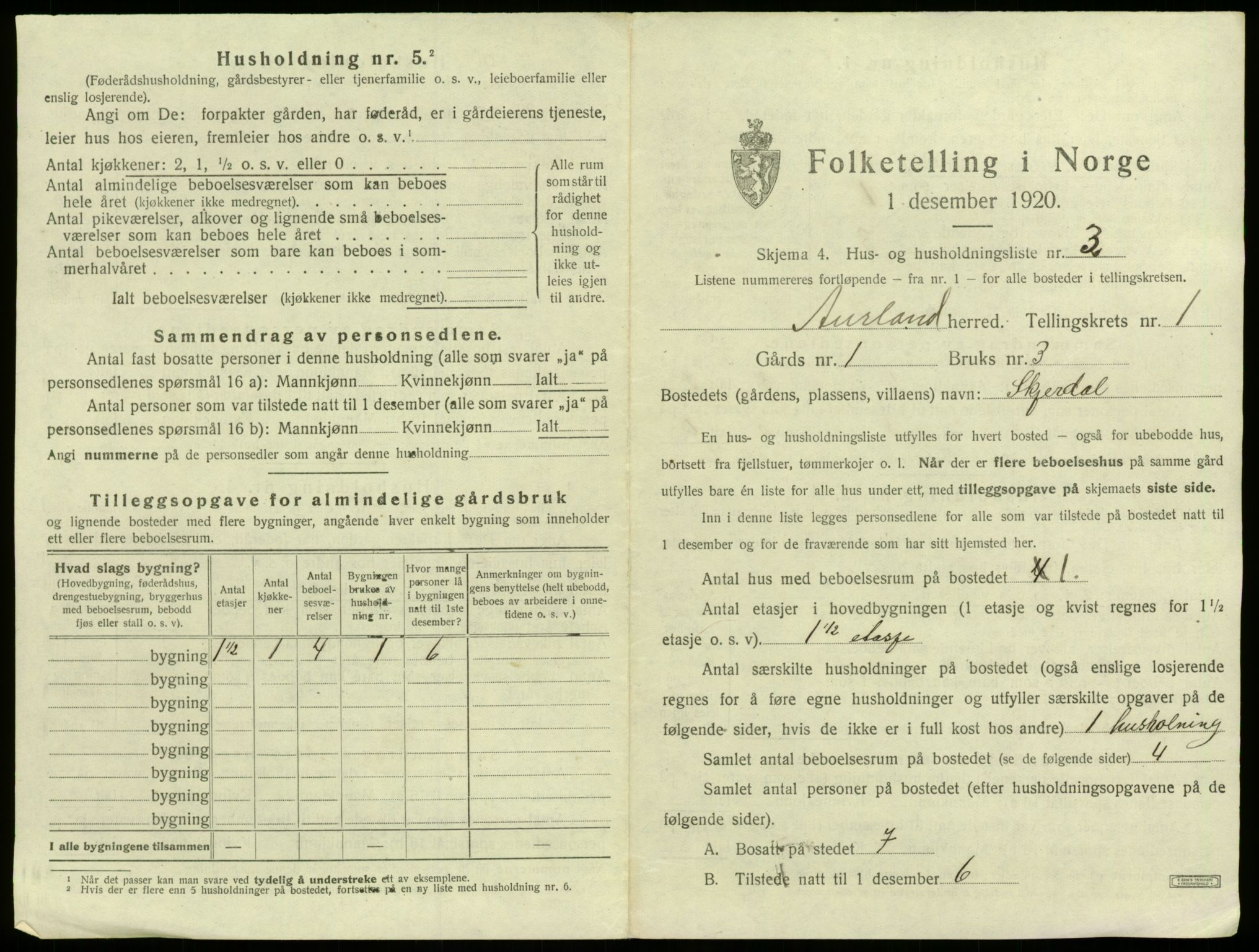 SAB, 1920 census for Aurland, 1920, p. 43