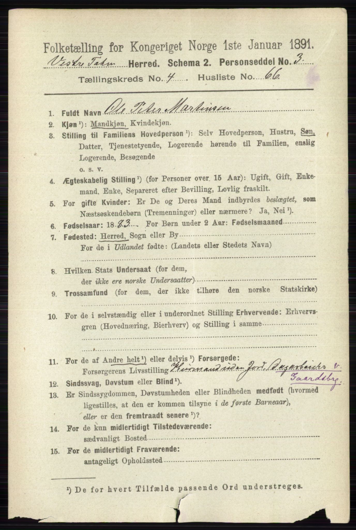 RA, 1891 census for 0529 Vestre Toten, 1891, p. 3126