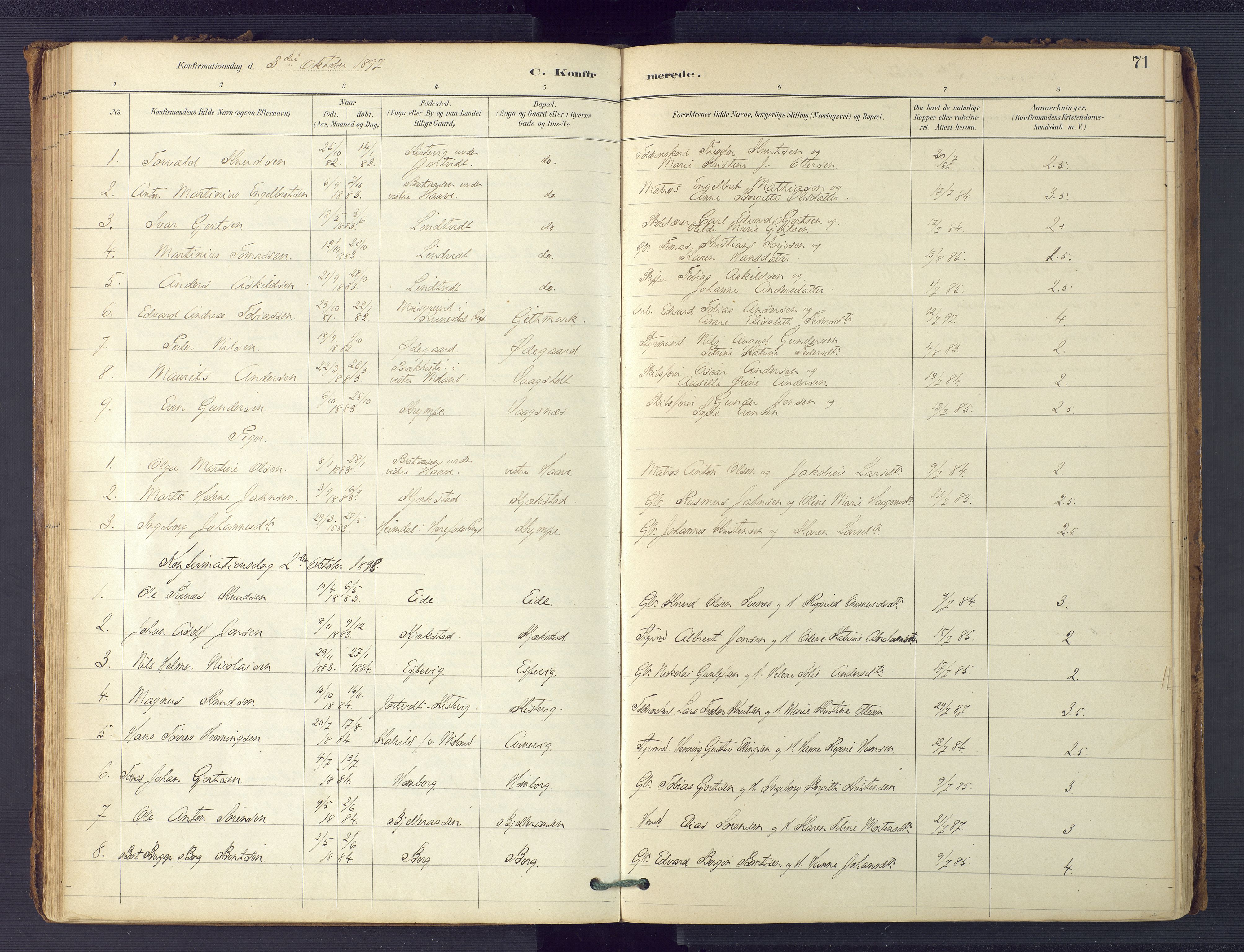 Hommedal sokneprestkontor, SAK/1111-0023/F/Fa/Faa/L0003: Parish register (official) no. A 3, 1885-1916, p. 71