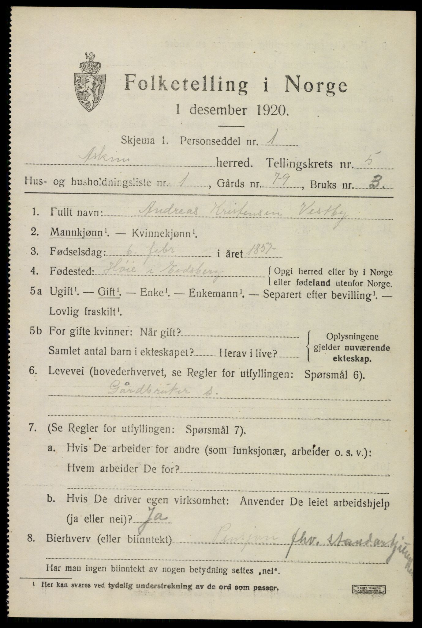 SAO, 1920 census for Askim, 1920, p. 9471