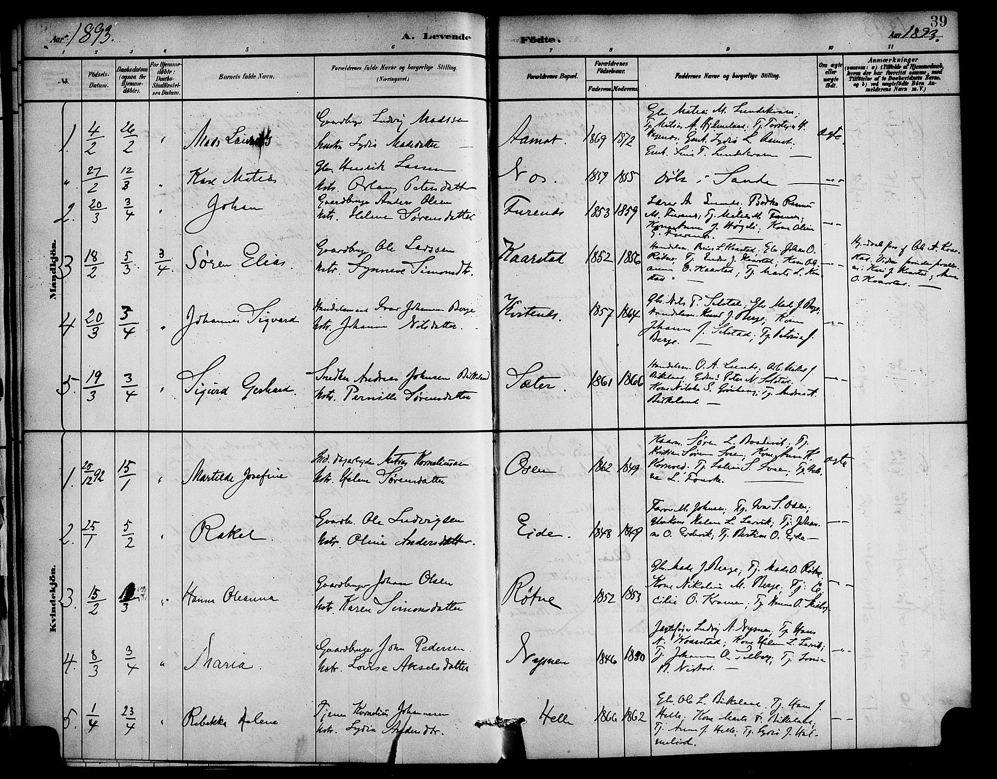 Gaular sokneprestembete, SAB/A-80001/H/Haa: Parish register (official) no. C 1, 1882-1897, p. 39