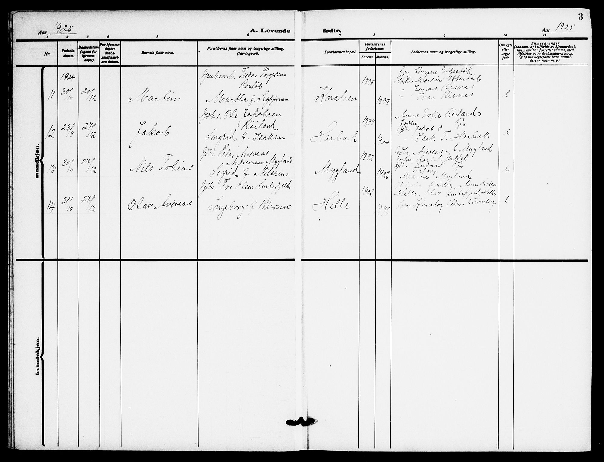Fjotland sokneprestkontor, SAK/1111-0010/F/Fb/L0004: Parish register (copy) no. B 4, 1925-1941, p. 3
