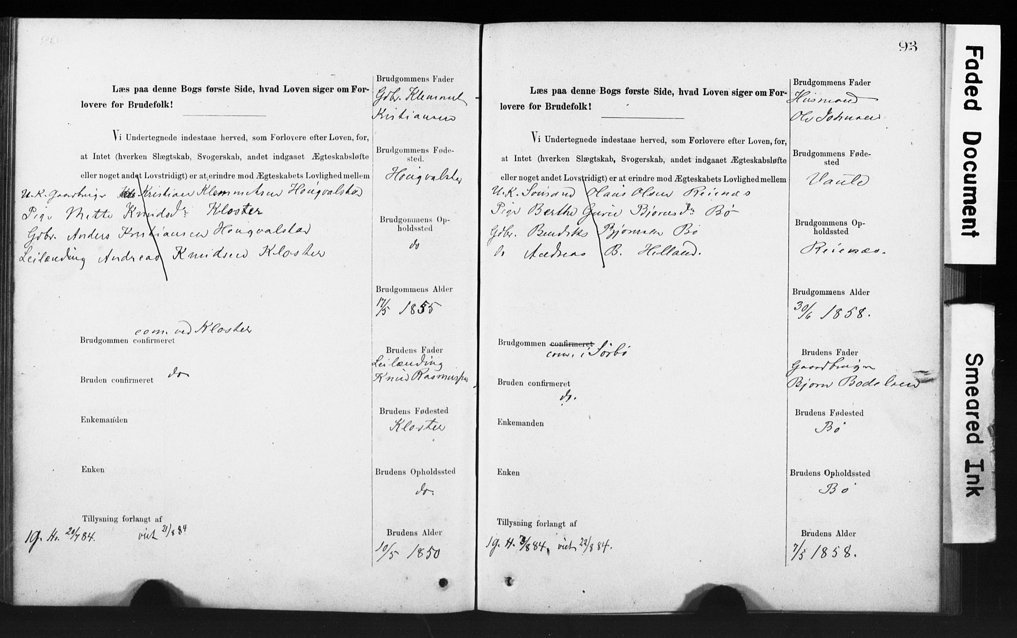 Rennesøy sokneprestkontor, AV/SAST-A -101827/I/Ie/L0001: Banns register no. 1, 1873-1898, p. 93