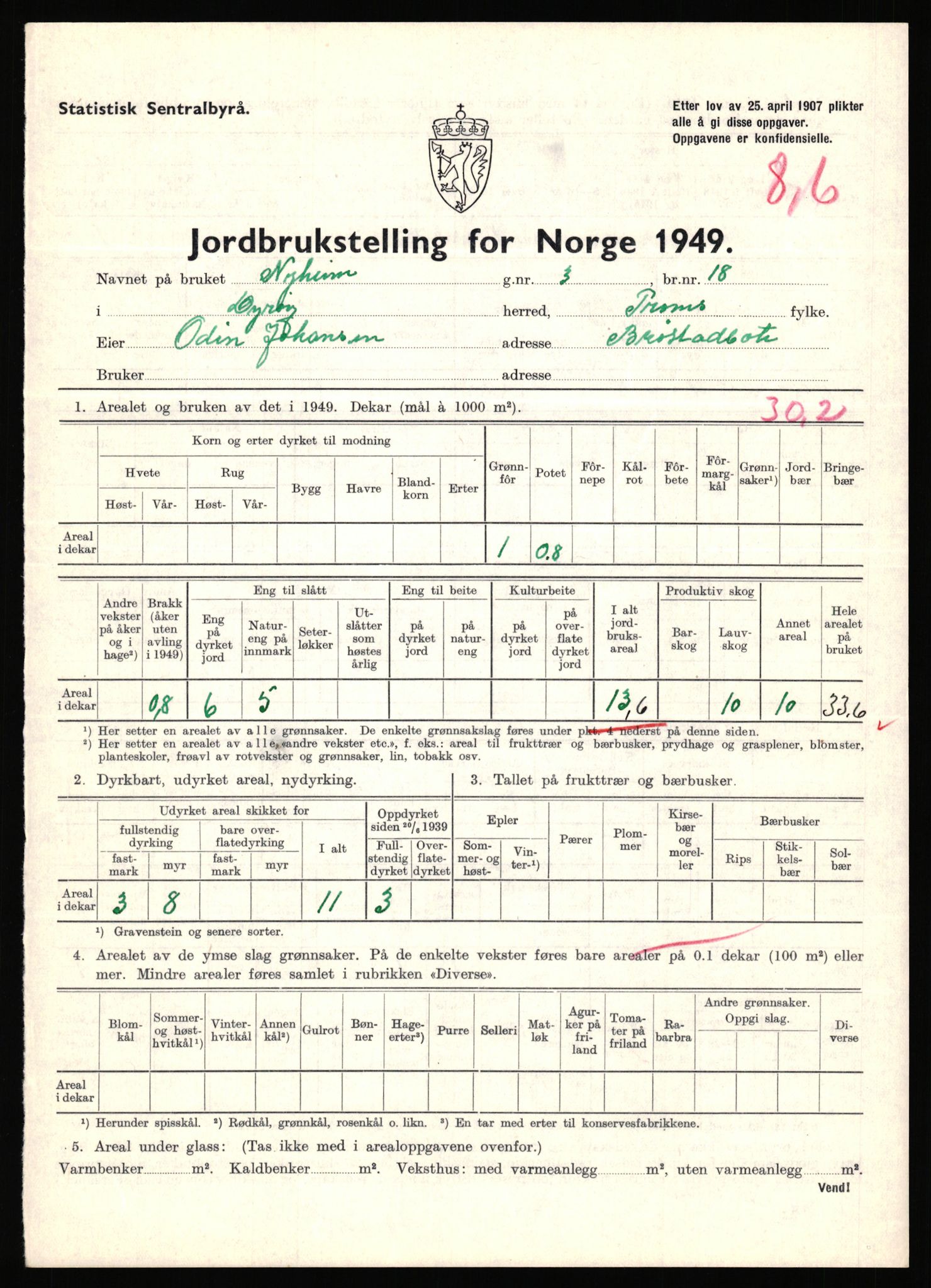 Statistisk sentralbyrå, Næringsøkonomiske emner, Jordbruk, skogbruk, jakt, fiske og fangst, AV/RA-S-2234/G/Gc/L0440: Troms: Sørreisa og Dyrøy, 1949, p. 983