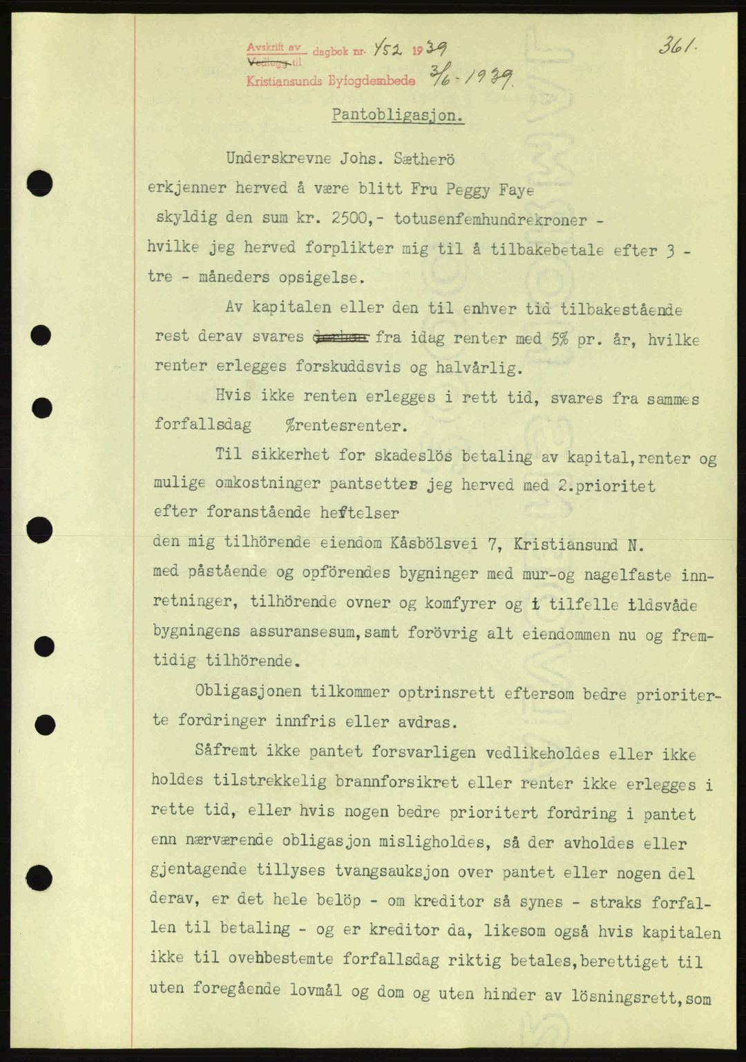 Kristiansund byfogd, SAT/A-4587/A/27: Mortgage book no. 31, 1938-1939, Diary no: : 452/1939