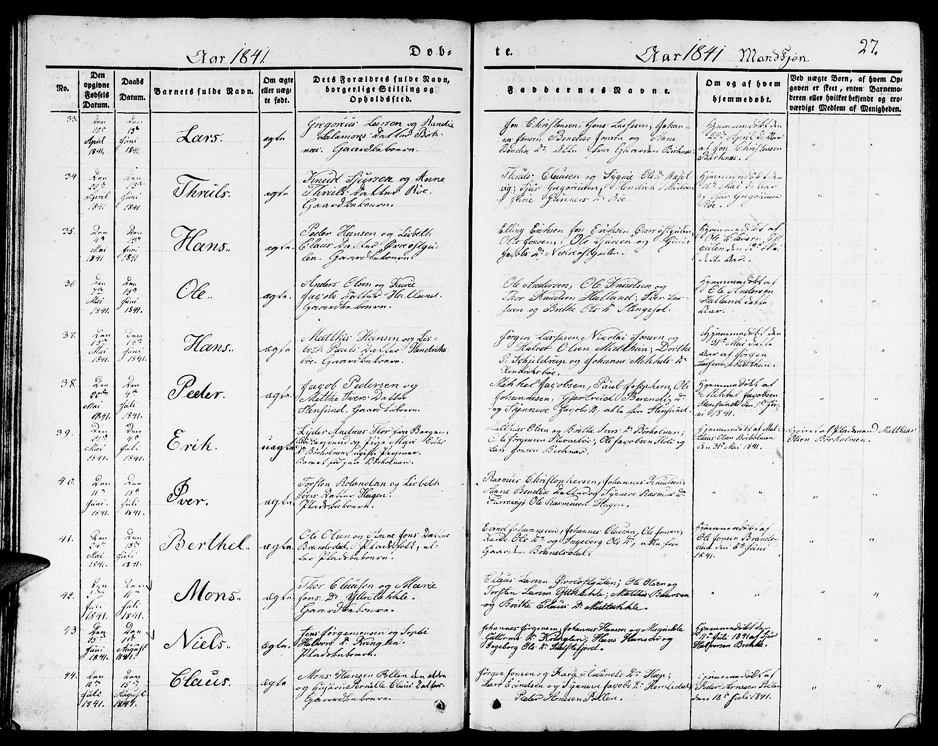 Gulen sokneprestembete, AV/SAB-A-80201/H/Haa/Haaa/L0020: Parish register (official) no. A 20, 1837-1847, p. 27