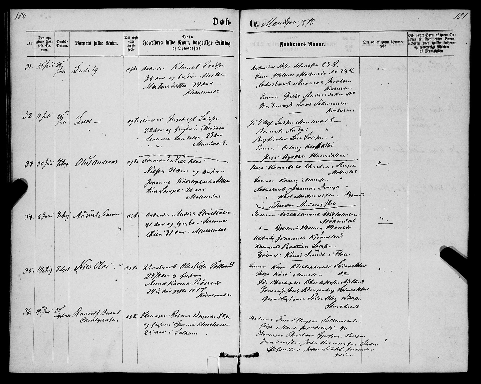 St. Jørgens hospital og Årstad sokneprestembete, AV/SAB-A-99934: Parish register (official) no. A 6, 1870-1878, p. 180-181