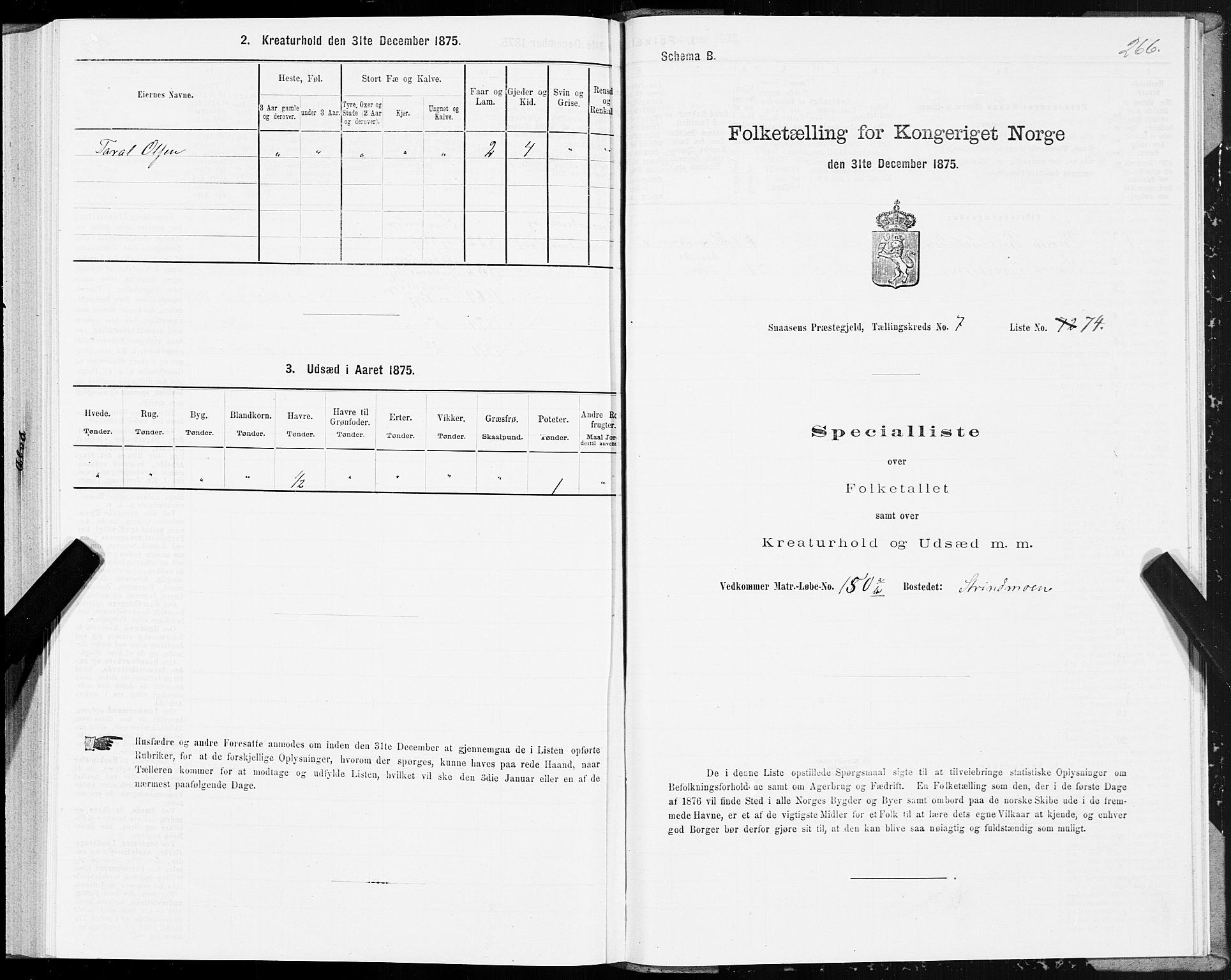 SAT, 1875 census for 1736P Snåsa, 1875, p. 3266