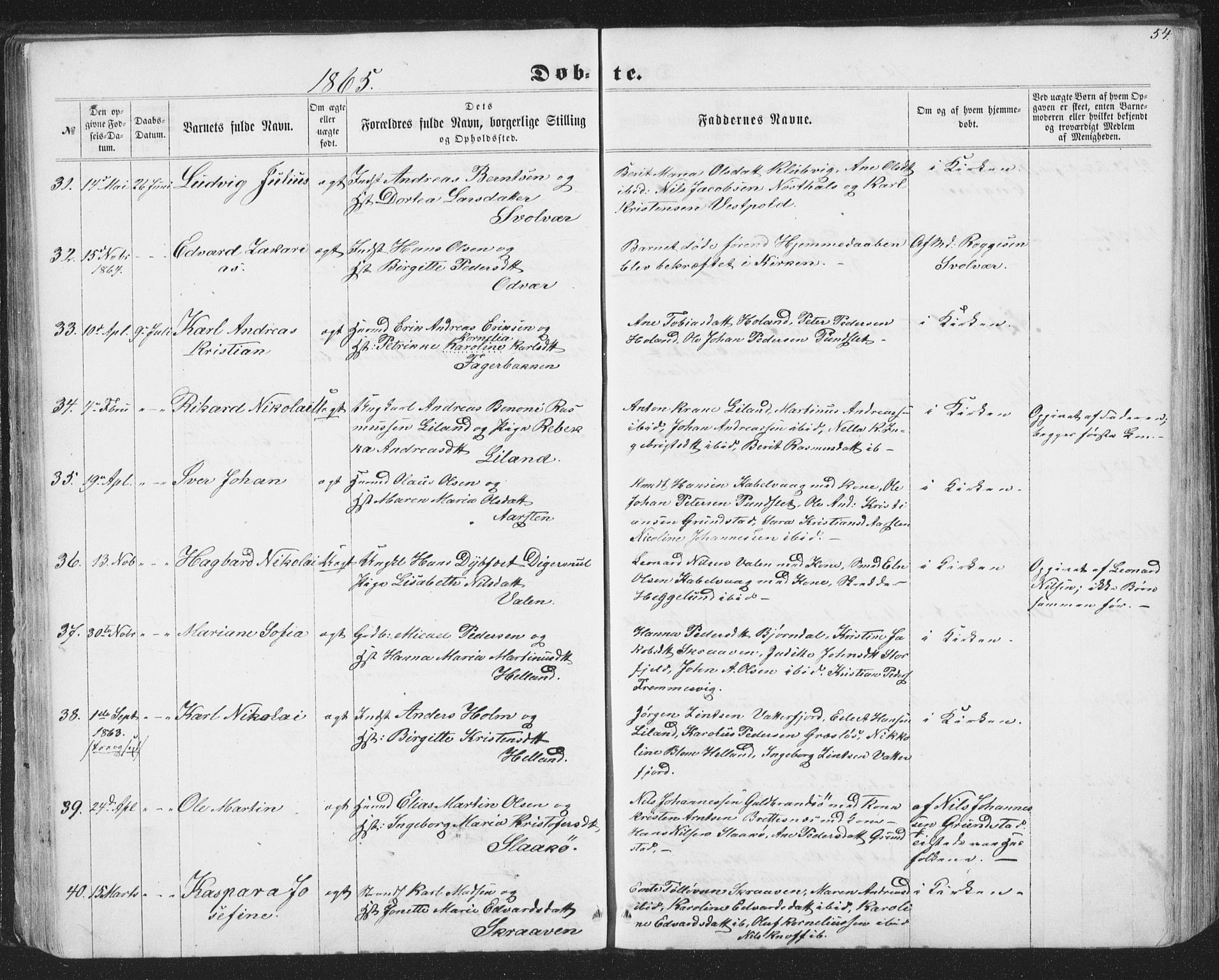 Ministerialprotokoller, klokkerbøker og fødselsregistre - Nordland, AV/SAT-A-1459/874/L1073: Parish register (copy) no. 874C02, 1860-1870, p. 54