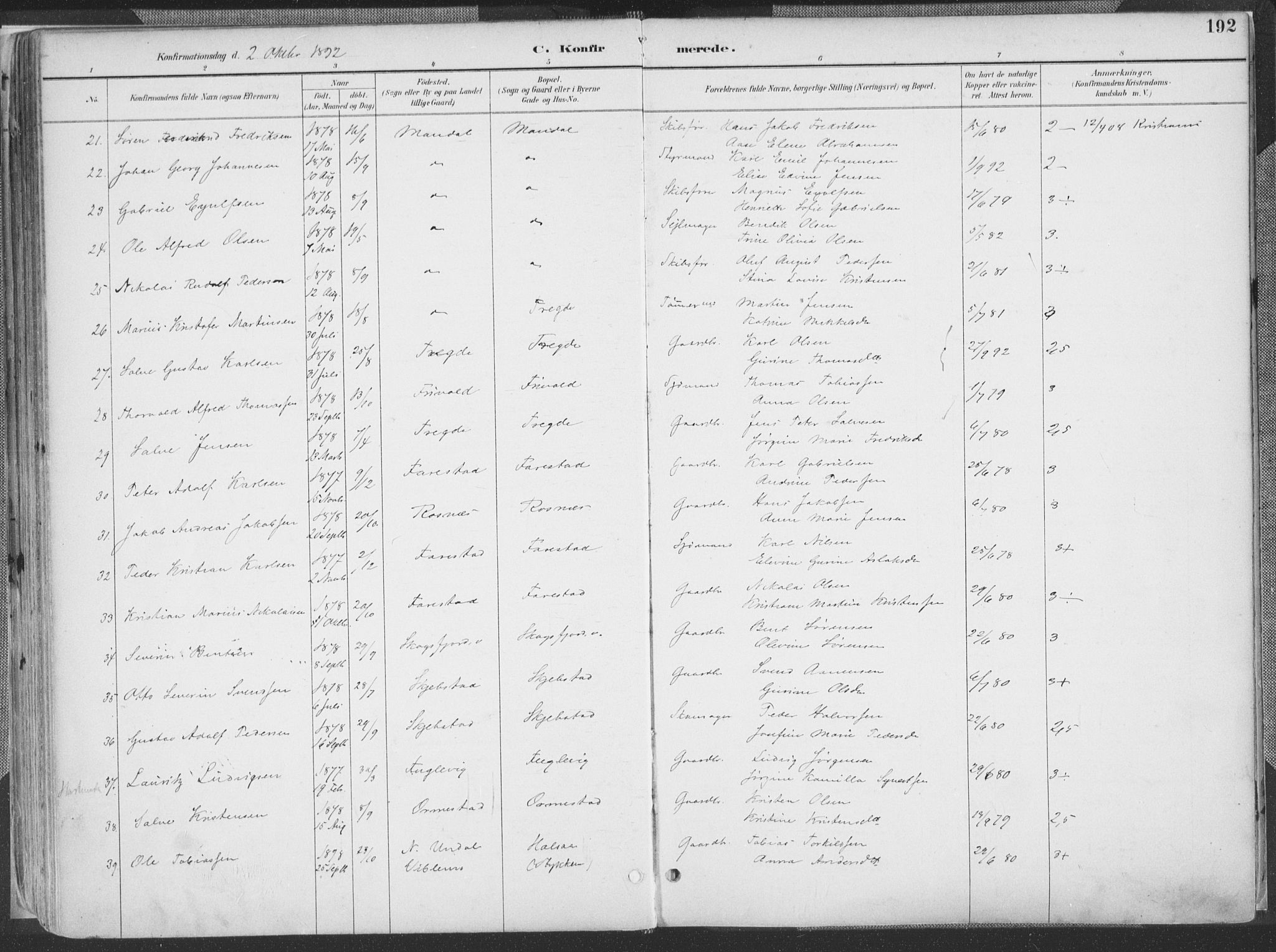 Mandal sokneprestkontor, AV/SAK-1111-0030/F/Fa/Faa/L0018: Parish register (official) no. A 18, 1890-1905, p. 192