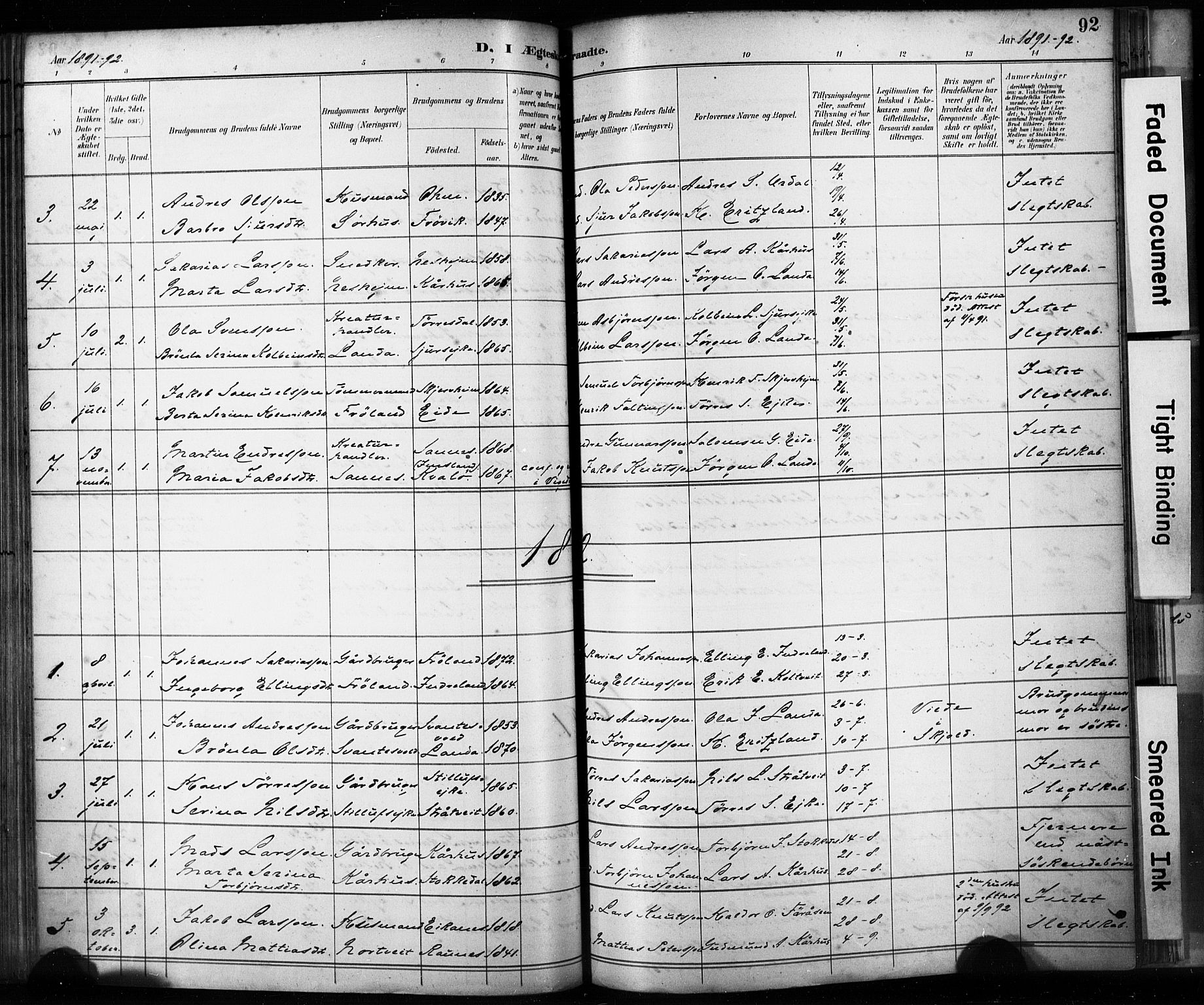 Skjold sokneprestkontor, AV/SAST-A-101847/H/Ha/Haa/L0009: Parish register (official) no. A 9, 1882-1898, p. 92