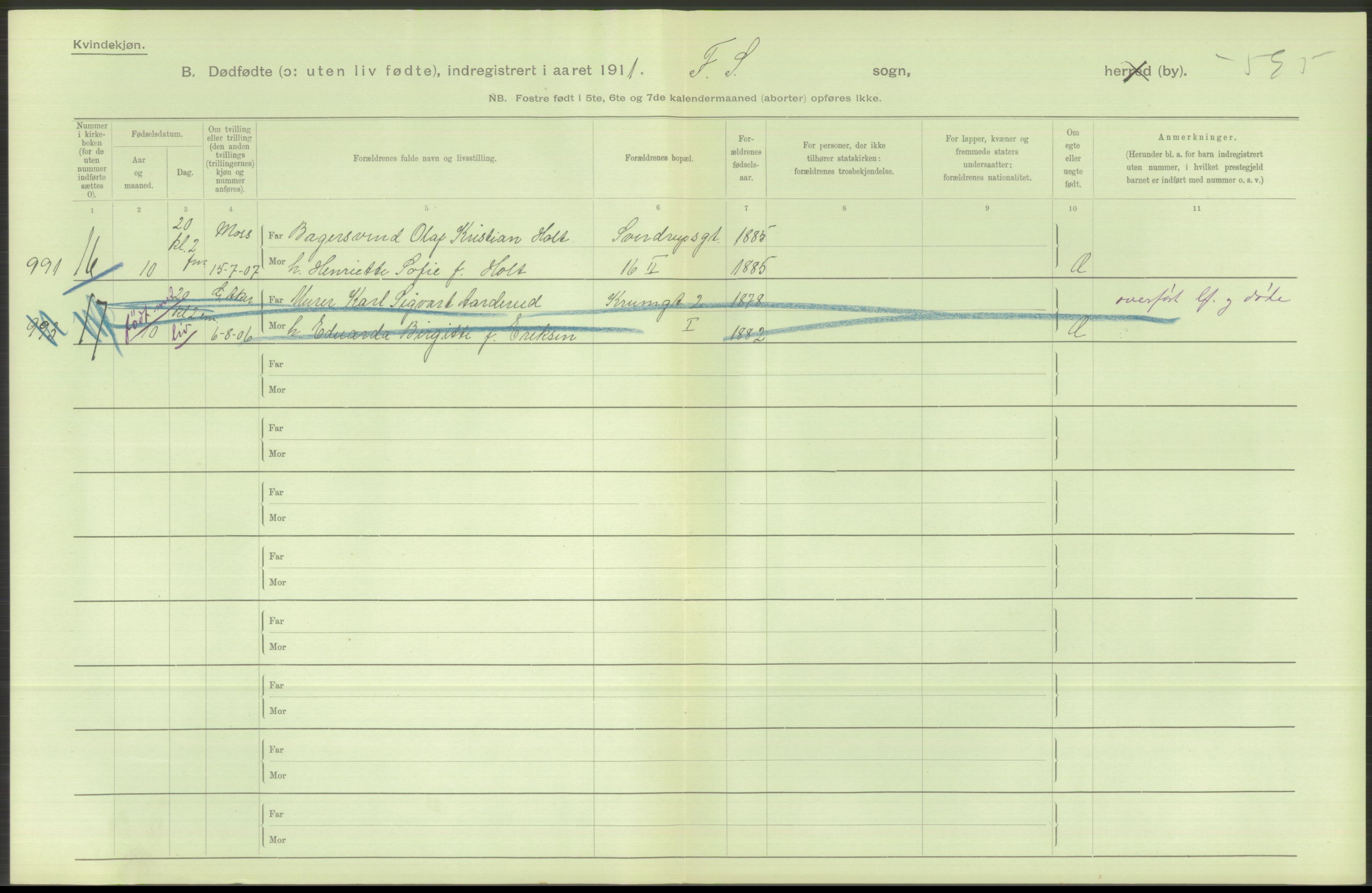 Statistisk sentralbyrå, Sosiodemografiske emner, Befolkning, AV/RA-S-2228/D/Df/Dfb/Dfba/L0010: Kristiania: Døde kvinner samt dødfødte., 1911, p. 164