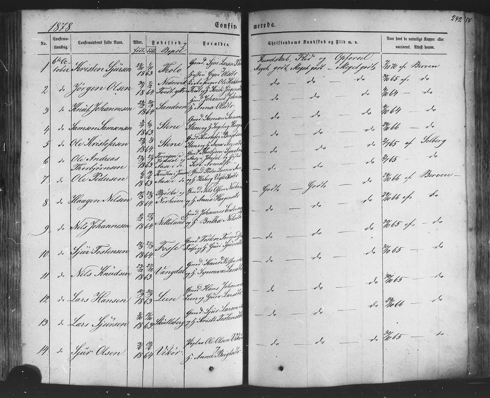Kvam sokneprestembete, SAB/A-76201/H/Haa: Parish register (official) no. A 9, 1864-1879, p. 242