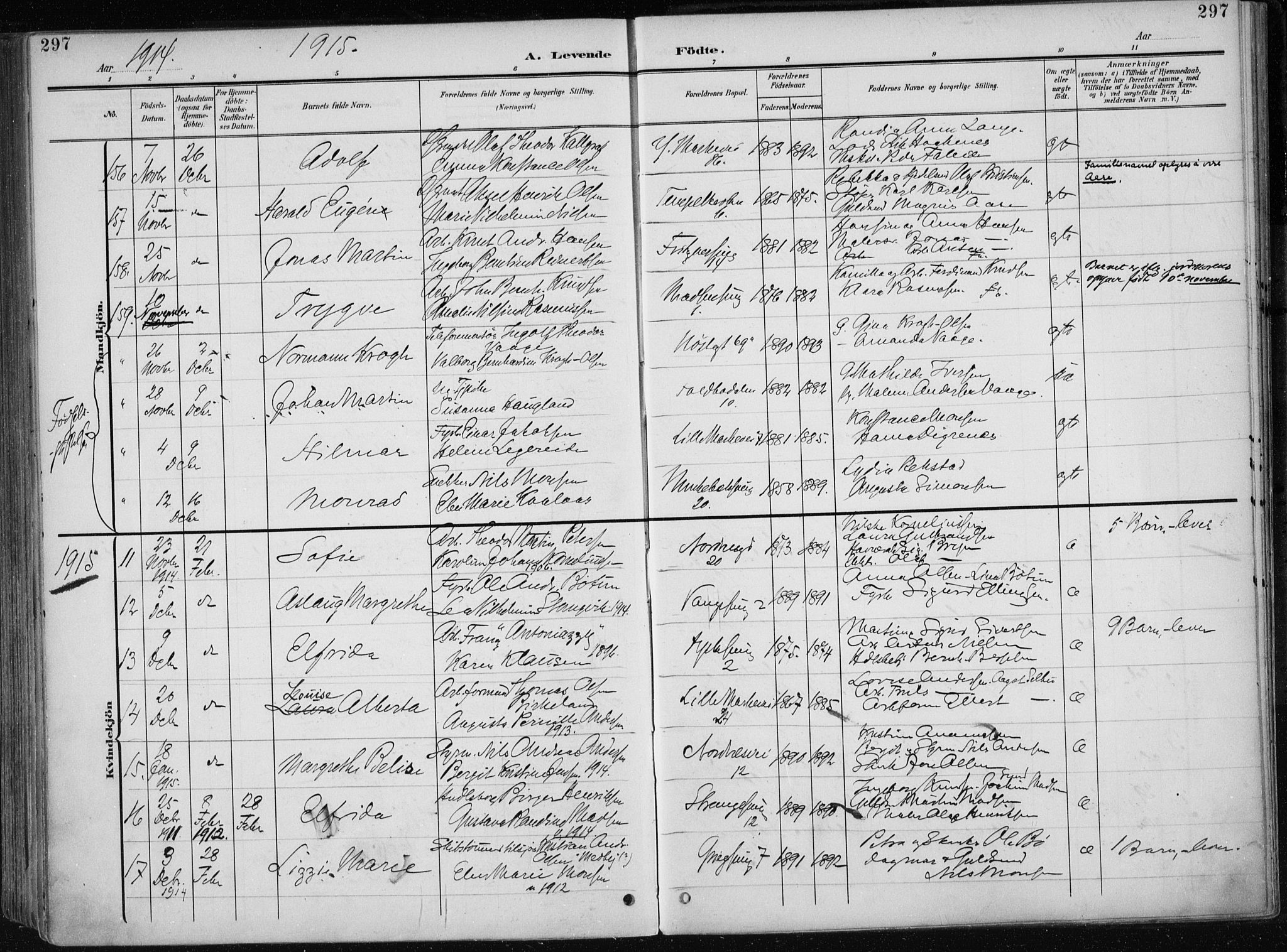 Nykirken Sokneprestembete, AV/SAB-A-77101/H/Haa/L0019: Parish register (official) no. B 7, 1904-1916, p. 297