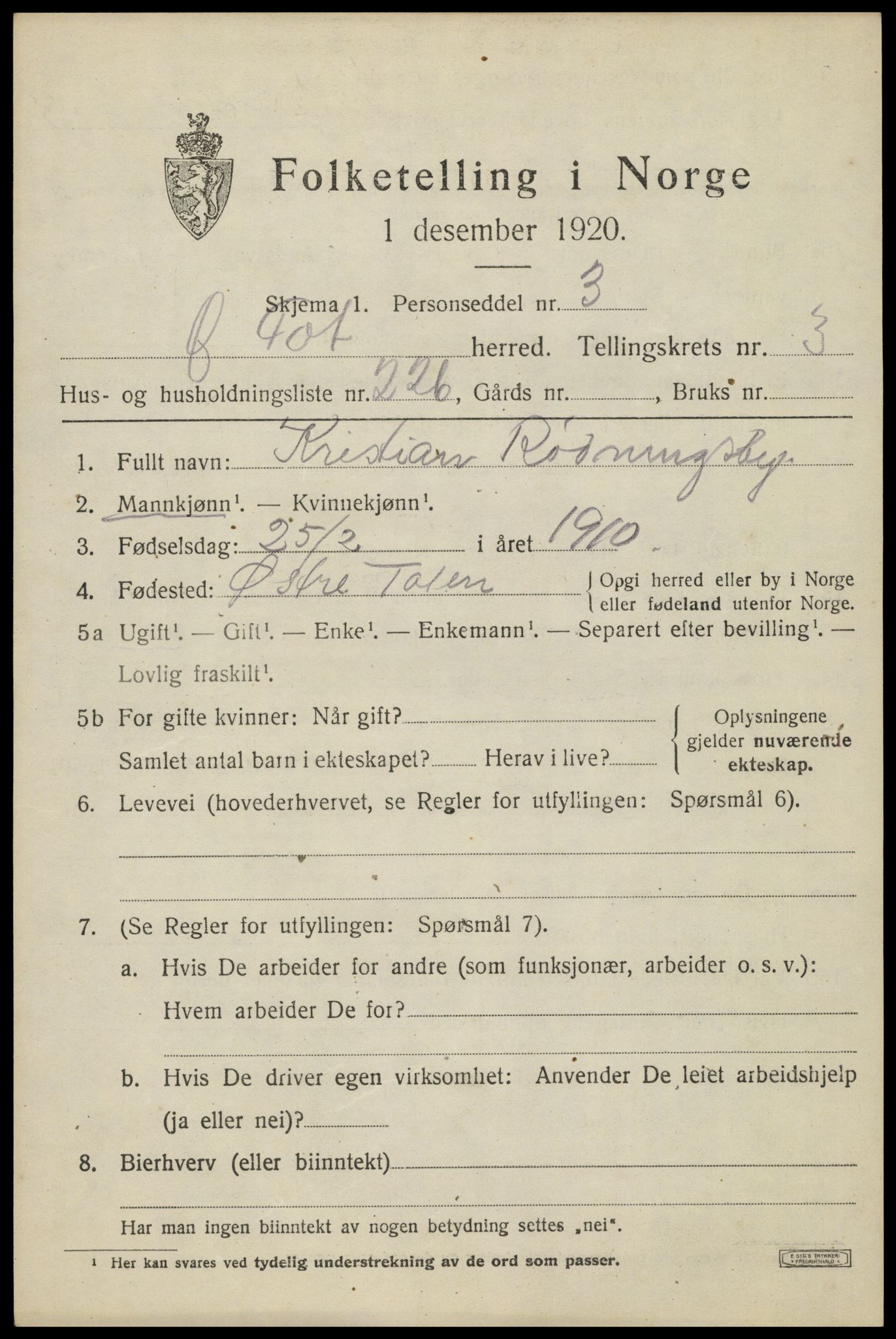 SAH, 1920 census for Østre Toten, 1920, p. 8528