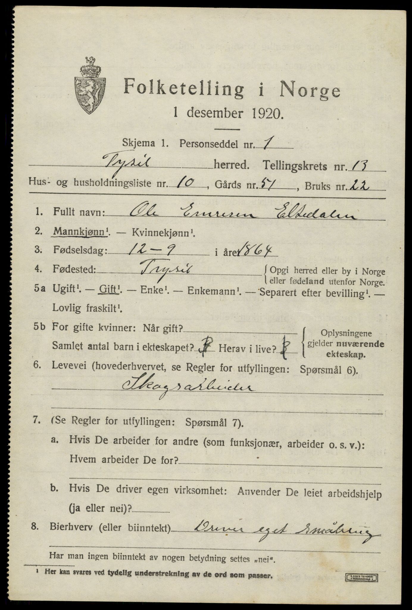 SAH, 1920 census for Trysil, 1920, p. 7751
